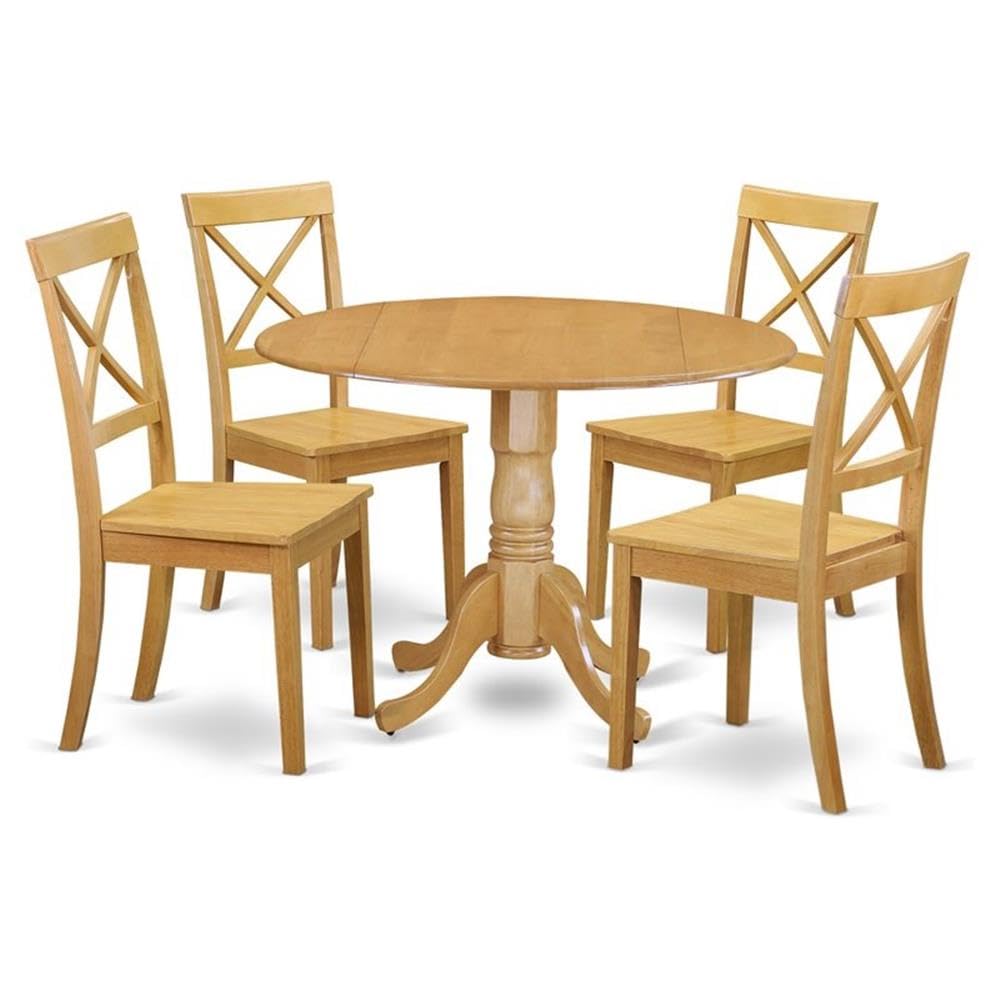 East West Furniture DLBO5-WHI-W 5 Piece Kitchen Table Set for 4 Includes a Round Dining Room Table with Dropleaf and 4 Solid Wood Seat Chairs, 42x42 Inch, Linen White