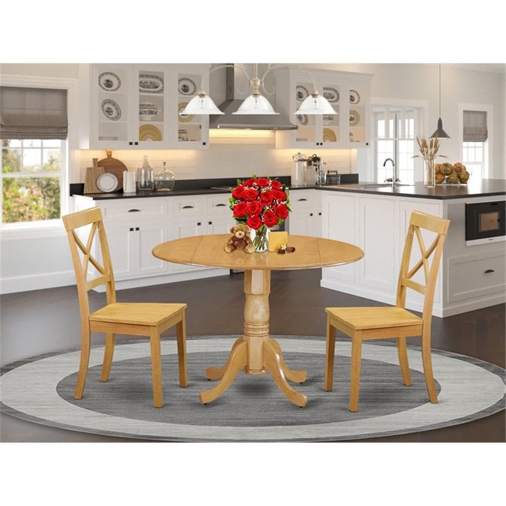 East West Furniture DLBO5-WHI-W 5 Piece Kitchen Table Set for 4 Includes a Round Dining Room Table with Dropleaf and 4 Solid Wood Seat Chairs, 42x42 Inch, Linen White