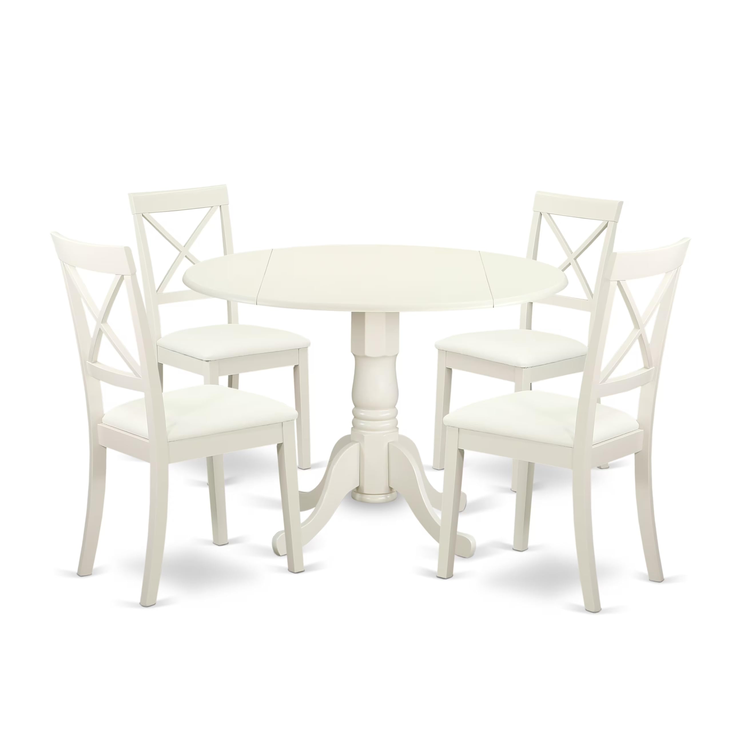 East West Furniture DLBO5-WHI-W 5 Piece Kitchen Table Set for 4 Includes a Round Dining Room Table with Dropleaf and 4 Solid Wood Seat Chairs, 42x42 Inch, Linen White