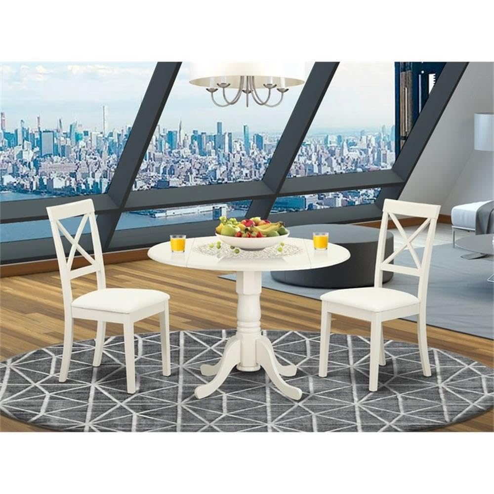 East West Furniture DLBO5-WHI-W 5 Piece Kitchen Table Set for 4 Includes a Round Dining Room Table with Dropleaf and 4 Solid Wood Seat Chairs, 42x42 Inch, Linen White