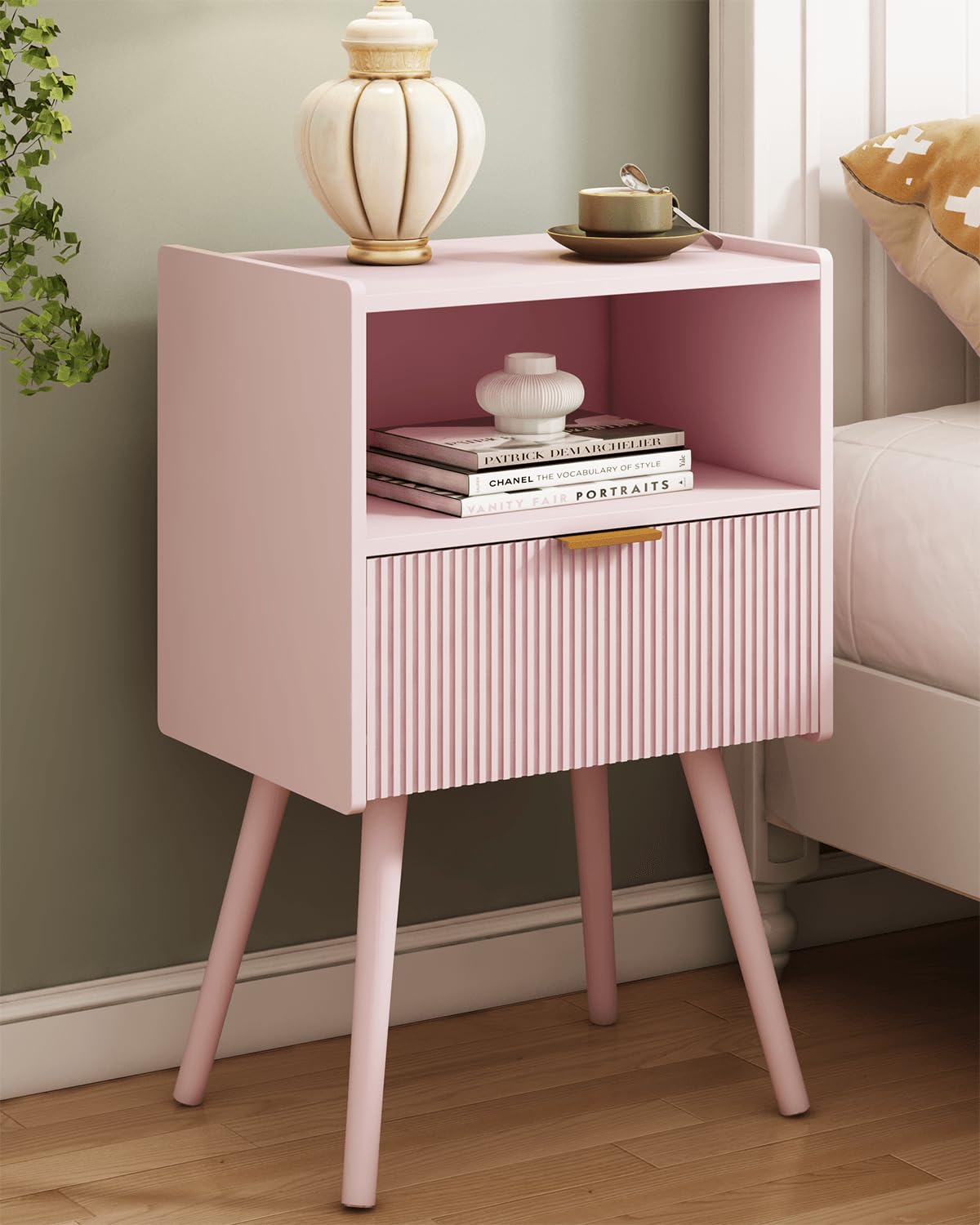 JOONEE Nightstand,Modern Bedside Table with Storage Drawer and Open Wood Shelf, for Living Room, Bedroom and Small Spaces, Accent Night Stand with Solid Wood Legs, Easy Assembly,Walnut Brown