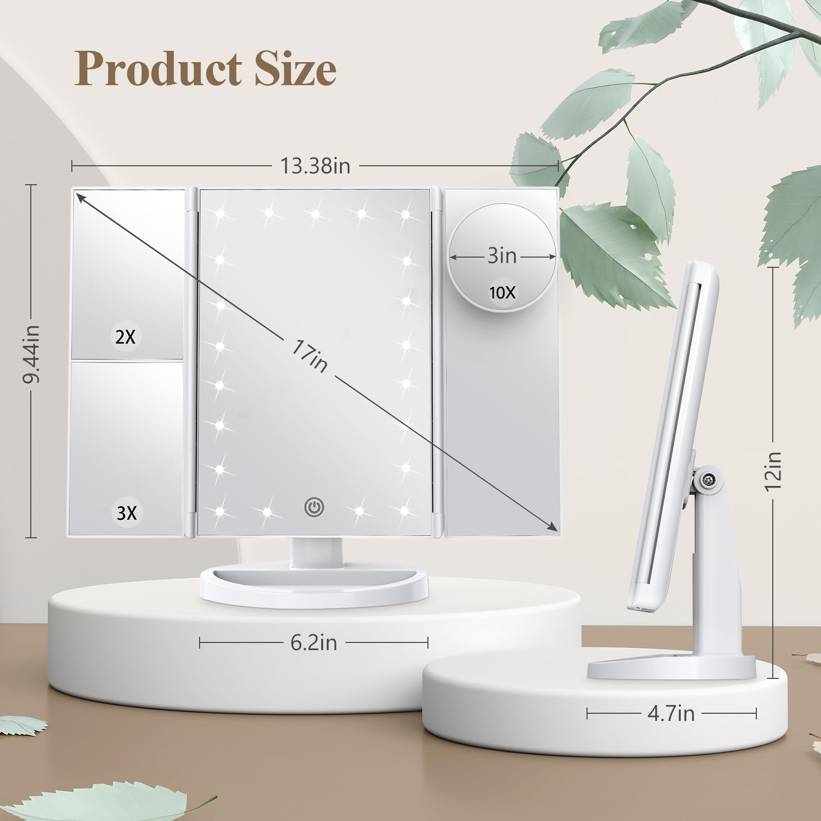 HUONUL Makeup Mirror, Vanity Mirror with Lights, 2X/3X/10X Magnification, Touch Control, Trifold, Dual Power Supply, Birthday Gifts for Women, Wife, Mom, Girls,Dorm Room Essentials