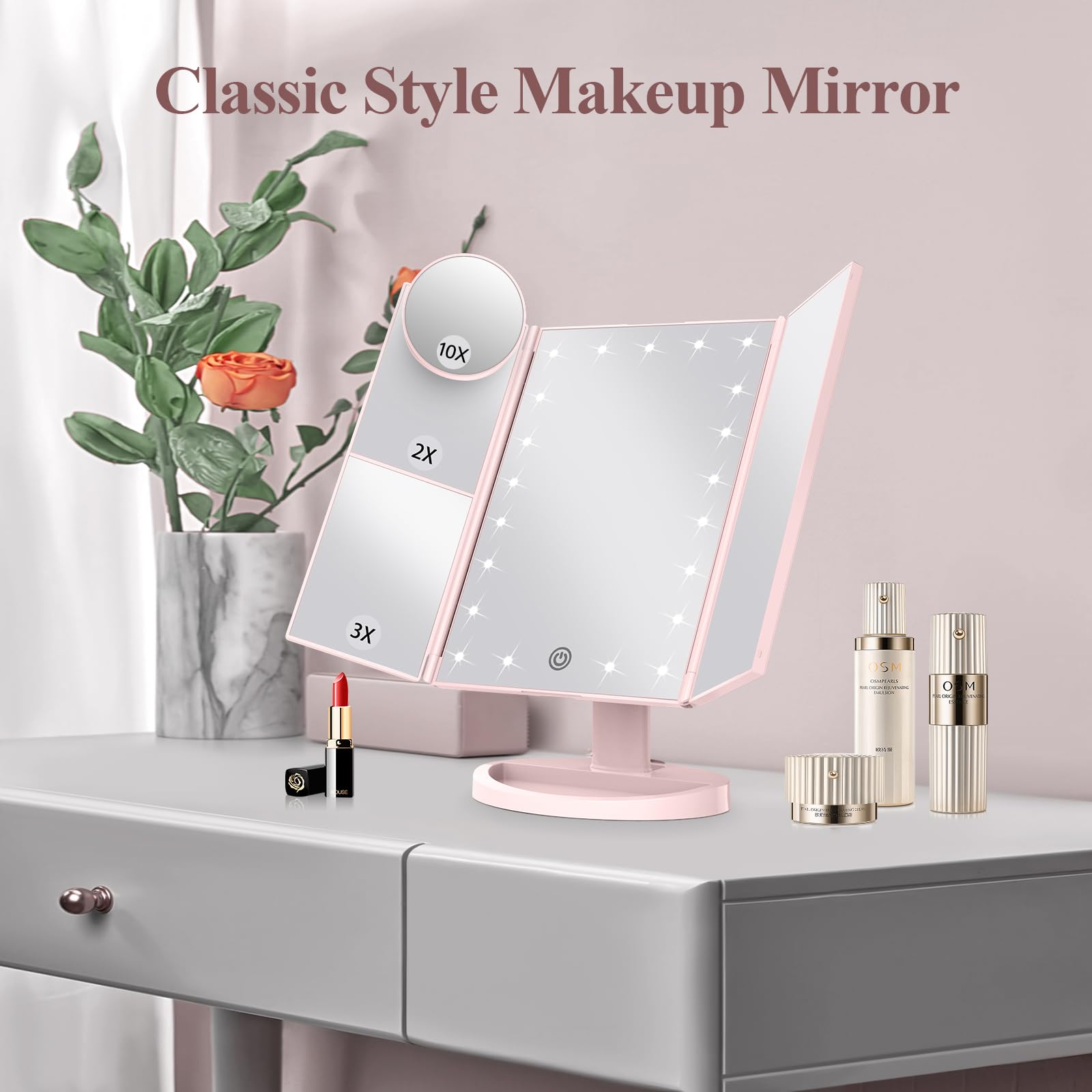 HUONUL Makeup Mirror, Vanity Mirror with Lights, 2X/3X/10X Magnification, Touch Control, Trifold, Dual Power Supply, Birthday Gifts for Women, Wife, Mom, Girls,Dorm Room Essentials