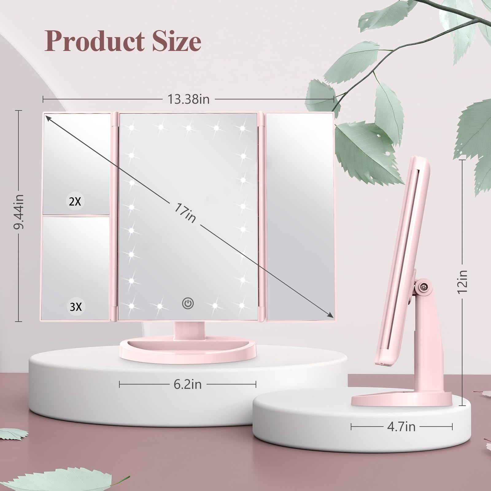 HUONUL Makeup Mirror, Vanity Mirror with Lights, 2X/3X/10X Magnification, Touch Control, Trifold, Dual Power Supply, Birthday Gifts for Women, Wife, Mom, Girls,Dorm Room Essentials