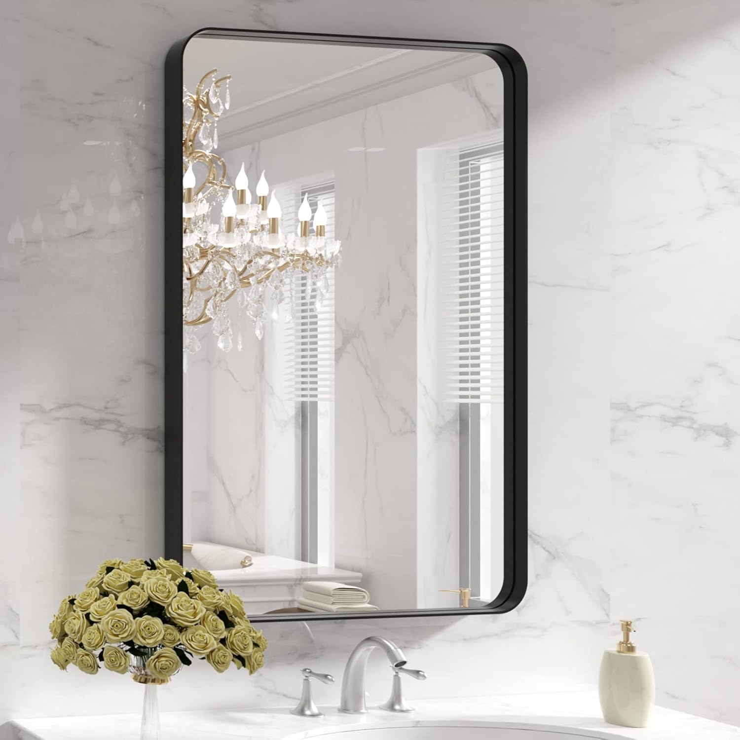 LOAAO Black Metal Framed Bathroom Mirror for Wall, 22X30 Inch Rounded Rectangle Mirror, Matte Black Bathroom Vanity Mirror Farmhouse, Anti-Rust, Hangs Horizontally or Vertically