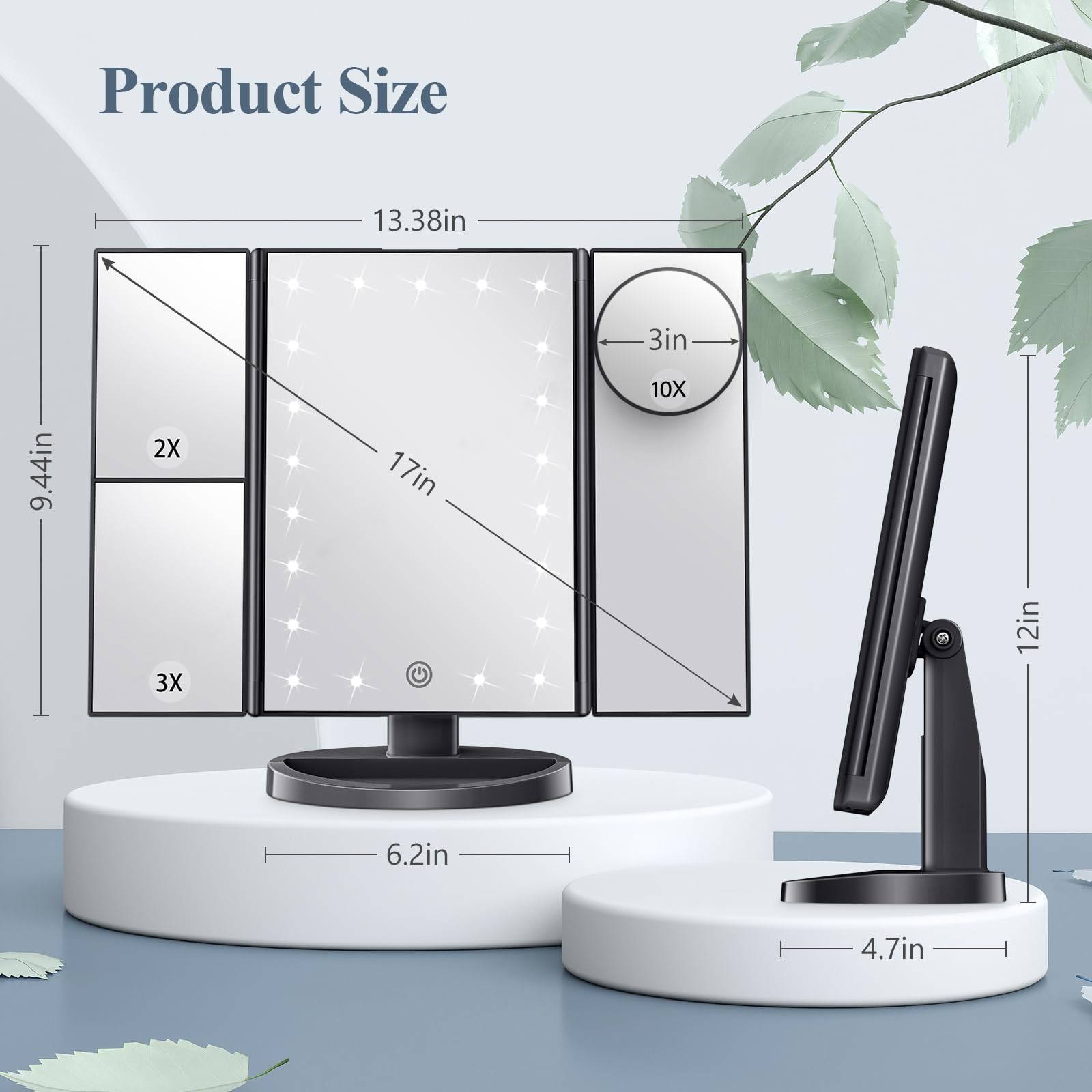 HUONUL Makeup Mirror, Vanity Mirror with Lights, 2X/3X/10X Magnification, Touch Control, Trifold, Dual Power Supply, Birthday Gifts for Women, Wife, Mom, Girls,Dorm Room Essentials