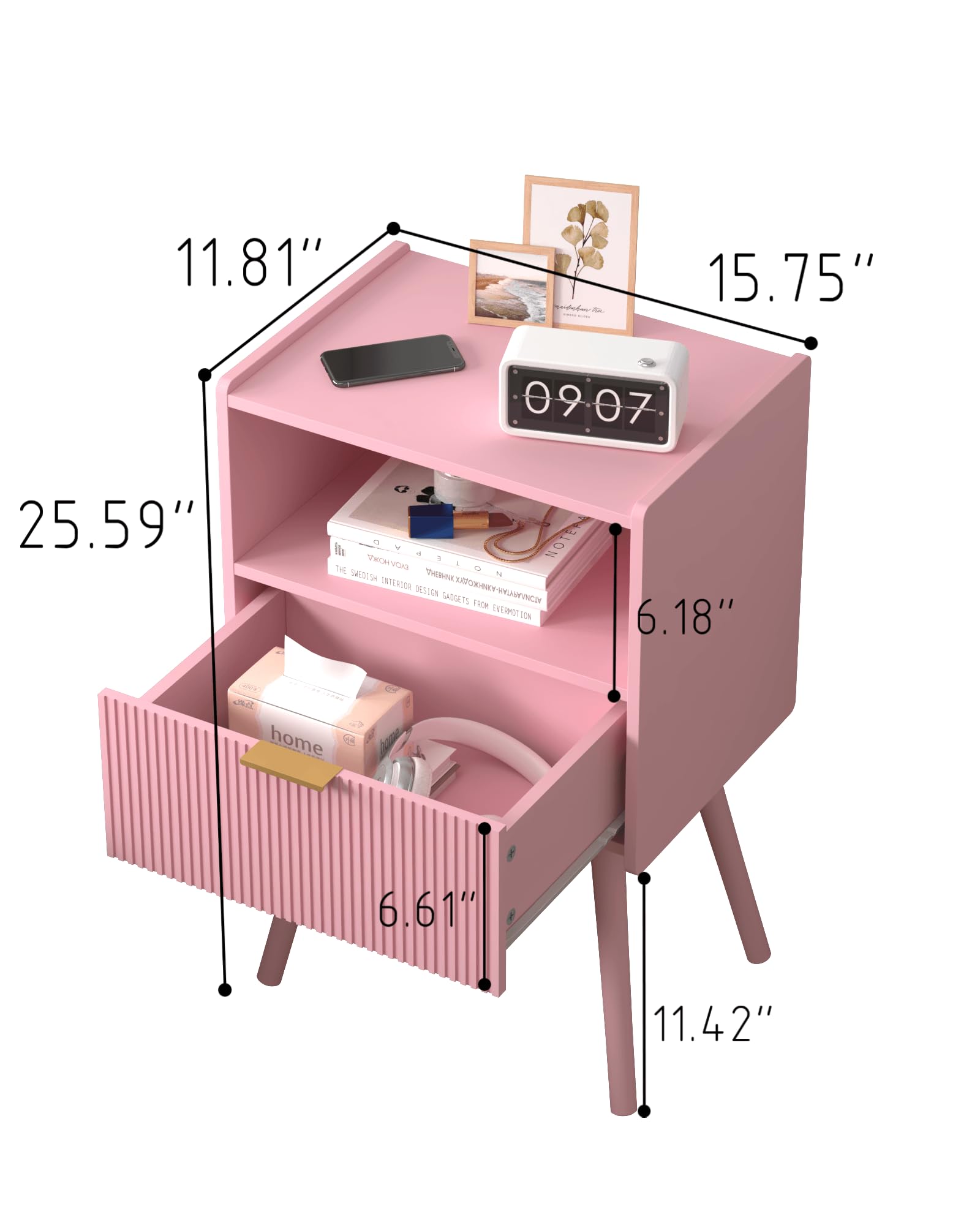 JOONEE Nightstand,Modern Bedside Table with Storage Drawer and Open Wood Shelf, for Living Room, Bedroom and Small Spaces, Accent Night Stand with Solid Wood Legs, Easy Assembly,Walnut Brown