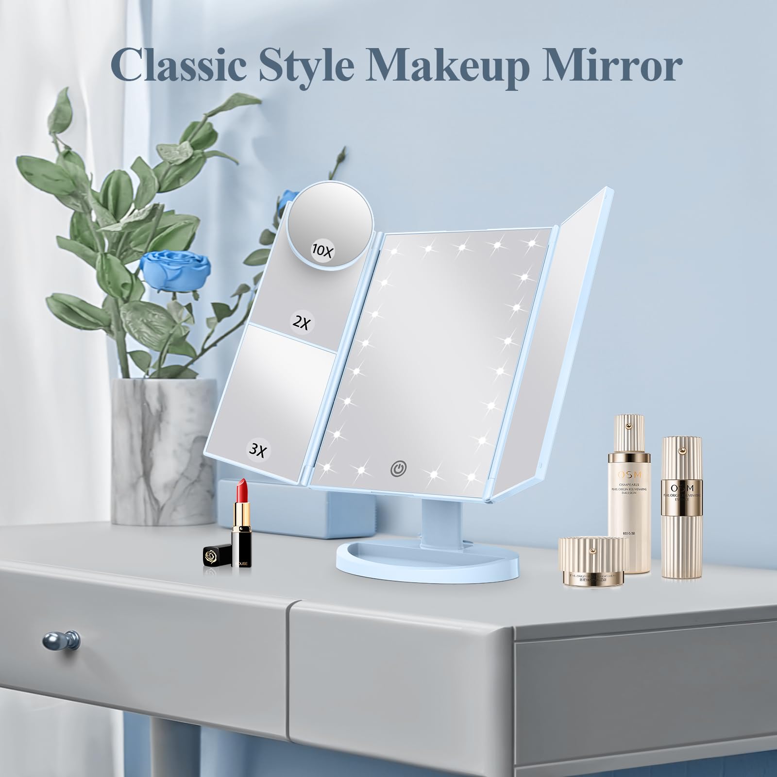 HUONUL Makeup Mirror, Vanity Mirror with Lights, 2X/3X/10X Magnification, Touch Control, Trifold, Dual Power Supply, Birthday Gifts for Women, Wife, Mom, Girls,Dorm Room Essentials