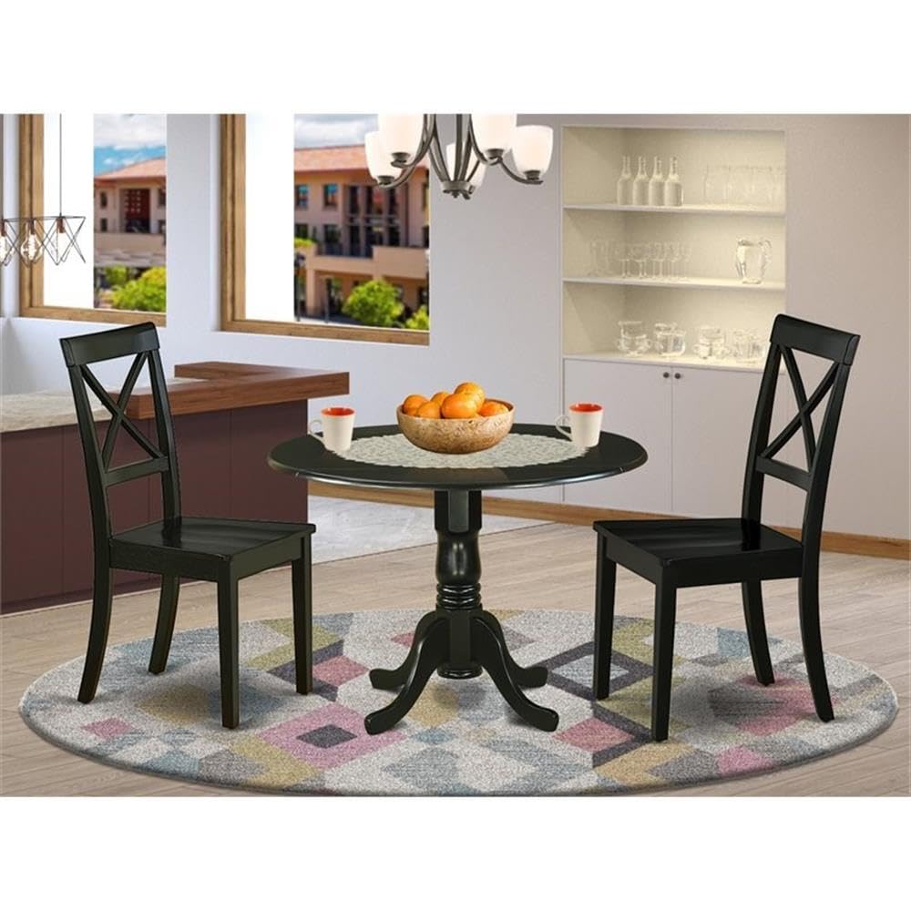 East West Furniture DLBO5-WHI-W 5 Piece Kitchen Table Set for 4 Includes a Round Dining Room Table with Dropleaf and 4 Solid Wood Seat Chairs, 42x42 Inch, Linen White