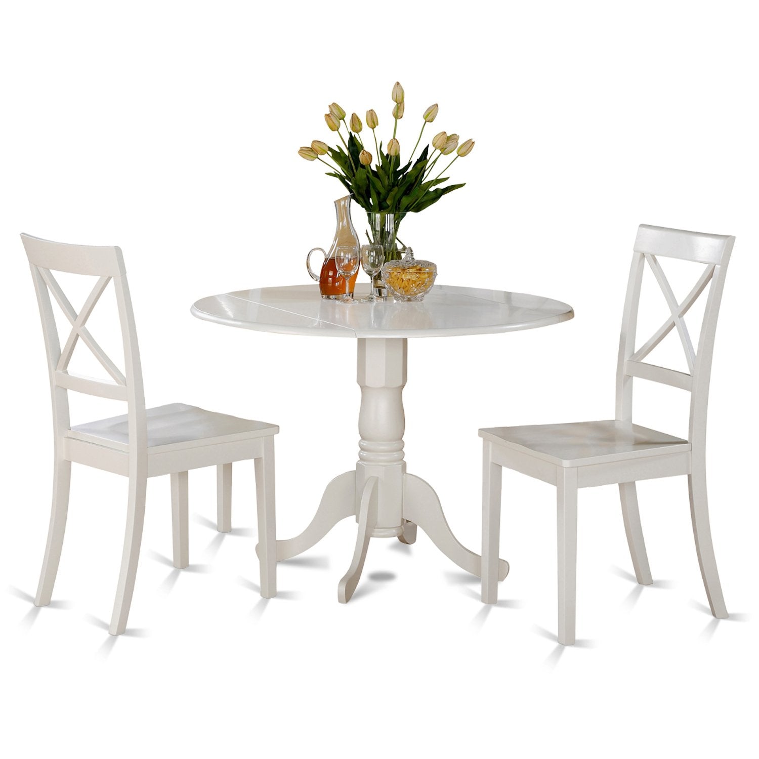 East West Furniture DLBO5-WHI-W 5 Piece Kitchen Table Set for 4 Includes a Round Dining Room Table with Dropleaf and 4 Solid Wood Seat Chairs, 42x42 Inch, Linen White