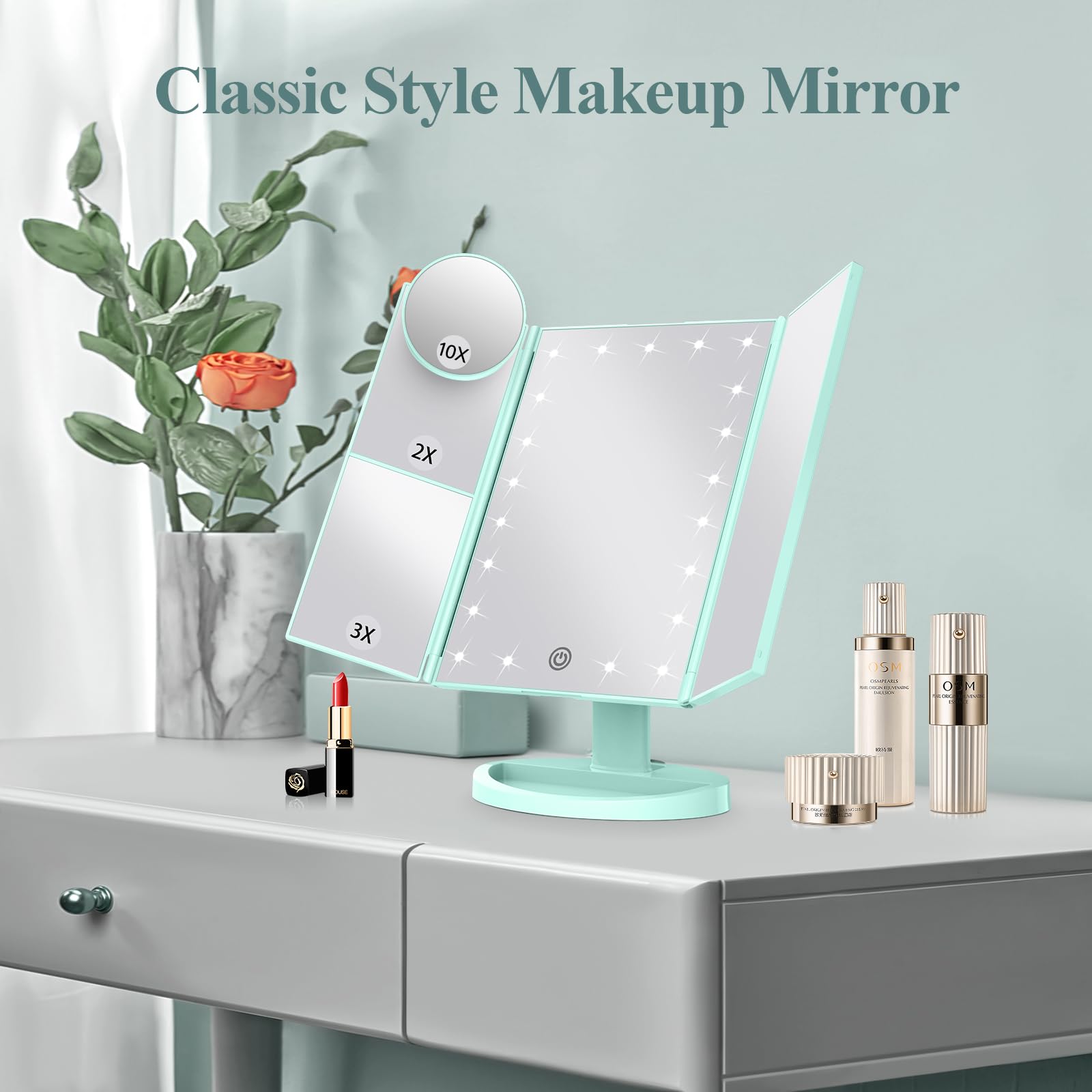 HUONUL Makeup Mirror, Vanity Mirror with Lights, 2X/3X/10X Magnification, Touch Control, Trifold, Dual Power Supply, Birthday Gifts for Women, Wife, Mom, Girls,Dorm Room Essentials