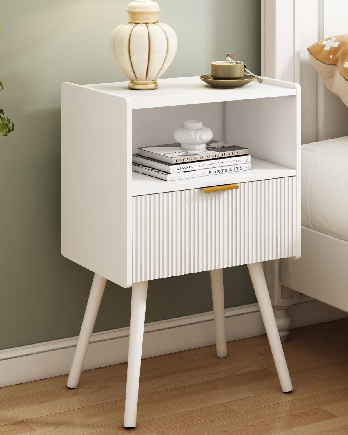 JOONEE Nightstand,Modern Bedside Table with Storage Drawer and Open Wood Shelf, for Living Room, Bedroom and Small Spaces, Accent Night Stand with Solid Wood Legs, Easy Assembly,Walnut Brown