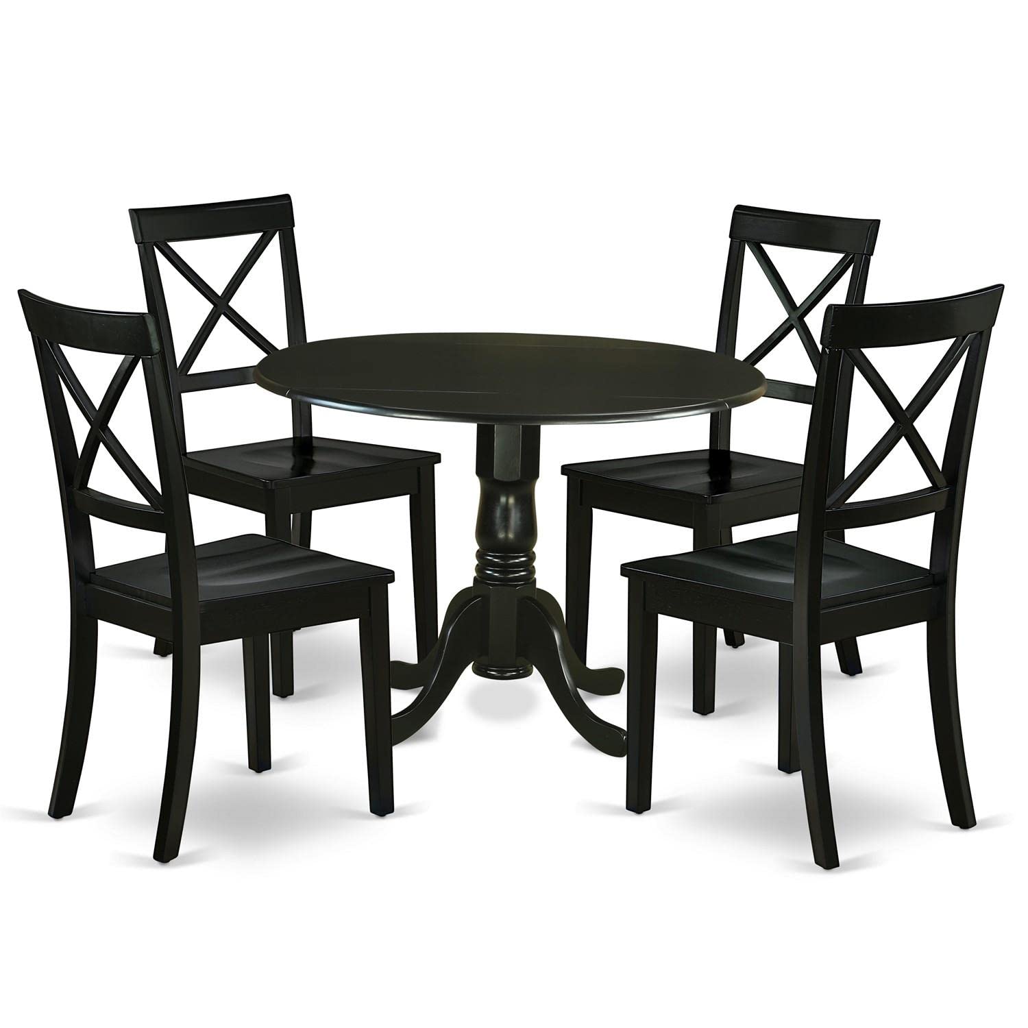 East West Furniture DLBO5-WHI-W 5 Piece Kitchen Table Set for 4 Includes a Round Dining Room Table with Dropleaf and 4 Solid Wood Seat Chairs, 42x42 Inch, Linen White