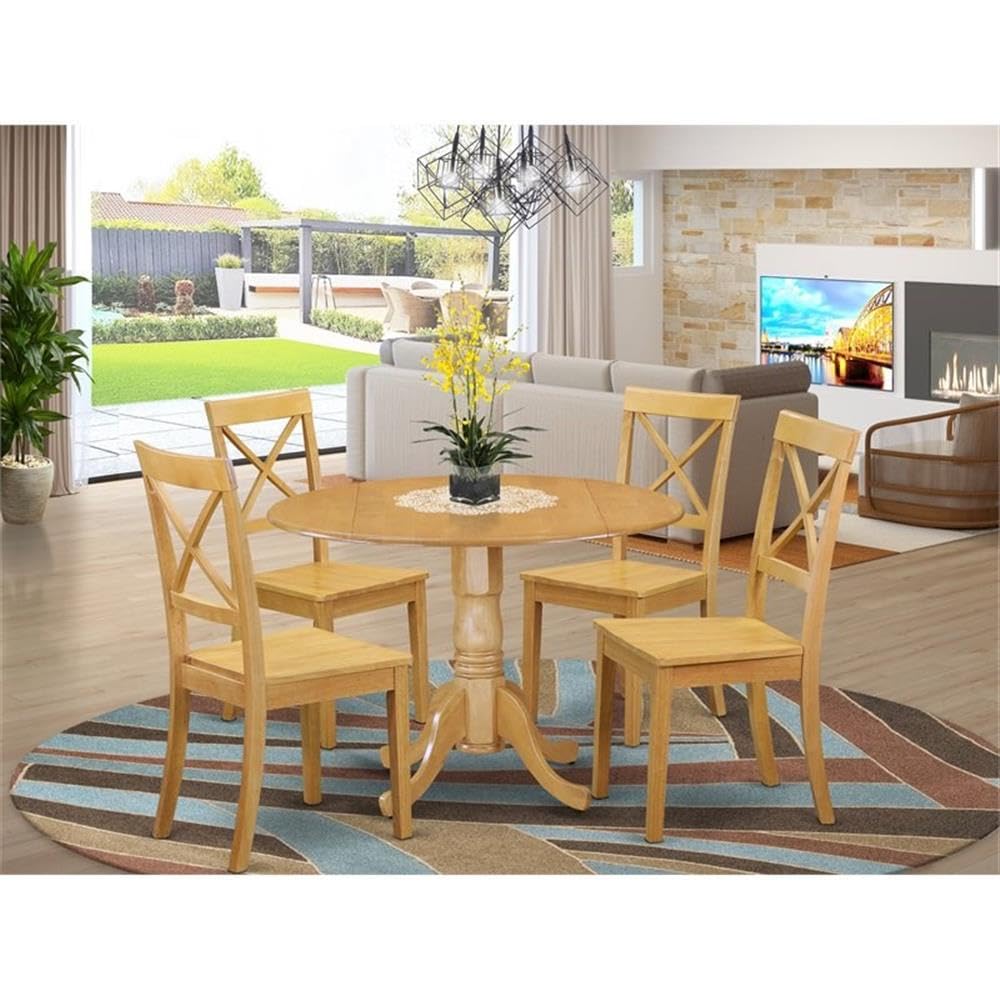 East West Furniture DLBO5-WHI-W 5 Piece Kitchen Table Set for 4 Includes a Round Dining Room Table with Dropleaf and 4 Solid Wood Seat Chairs, 42x42 Inch, Linen White