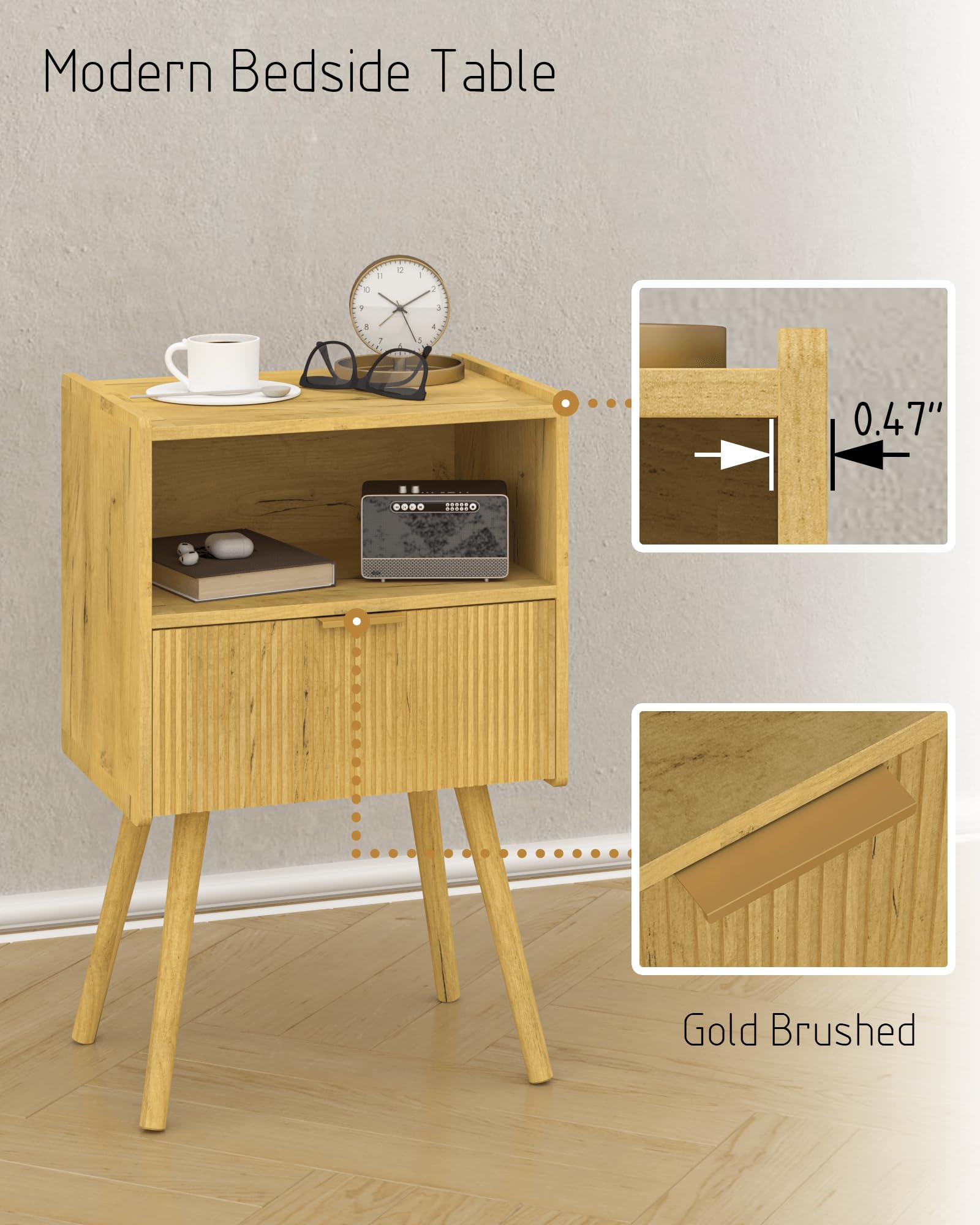 JOONEE Nightstand,Modern Bedside Table with Storage Drawer and Open Wood Shelf, for Living Room, Bedroom and Small Spaces, Accent Night Stand with Solid Wood Legs, Easy Assembly,Walnut Brown