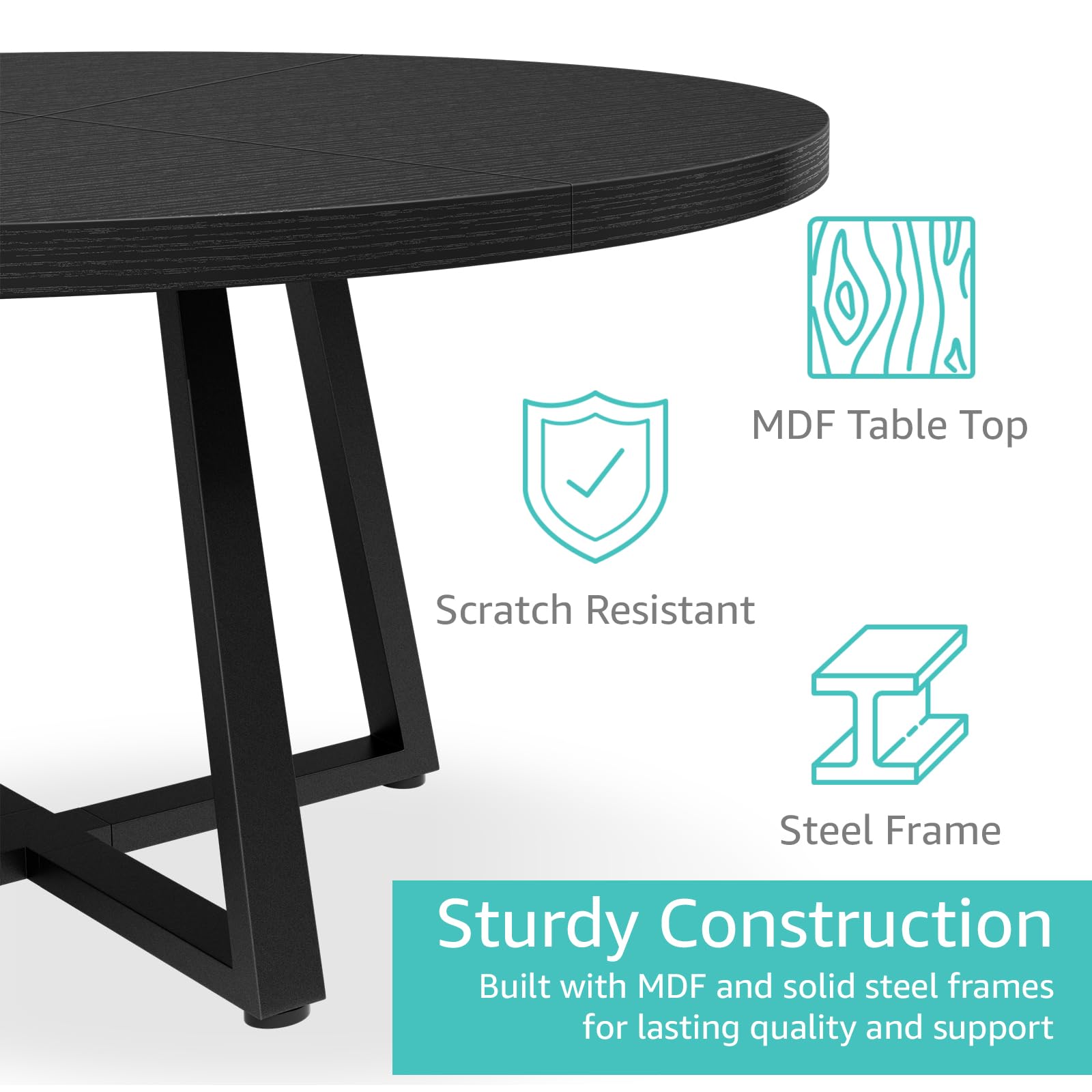NUTIKAS 42 Inch Round Dining Table for 4, Modern Black Wood Grain Kitchen Table with Cross Metal Legs, Circular Industrial Dinner Table for Small Spaces, Breakfast Nook, Apartment, Office