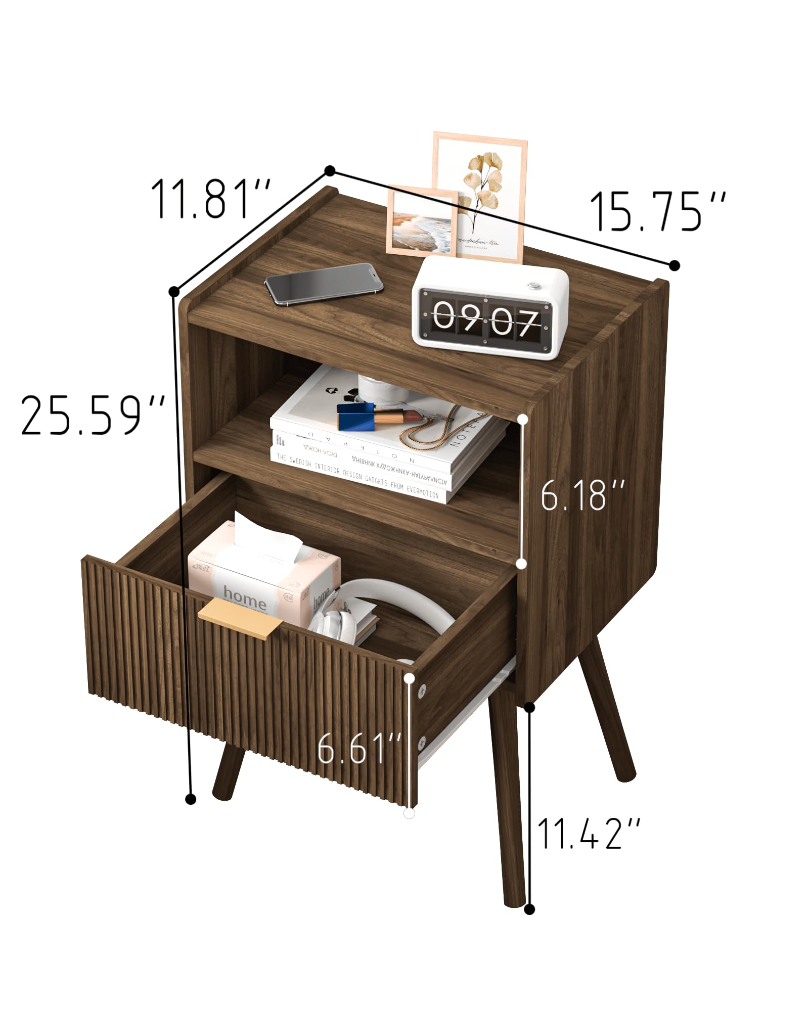 JOONEE Nightstand,Modern Bedside Table with Storage Drawer and Open Wood Shelf, for Living Room, Bedroom and Small Spaces, Accent Night Stand with Solid Wood Legs, Easy Assembly,Walnut Brown