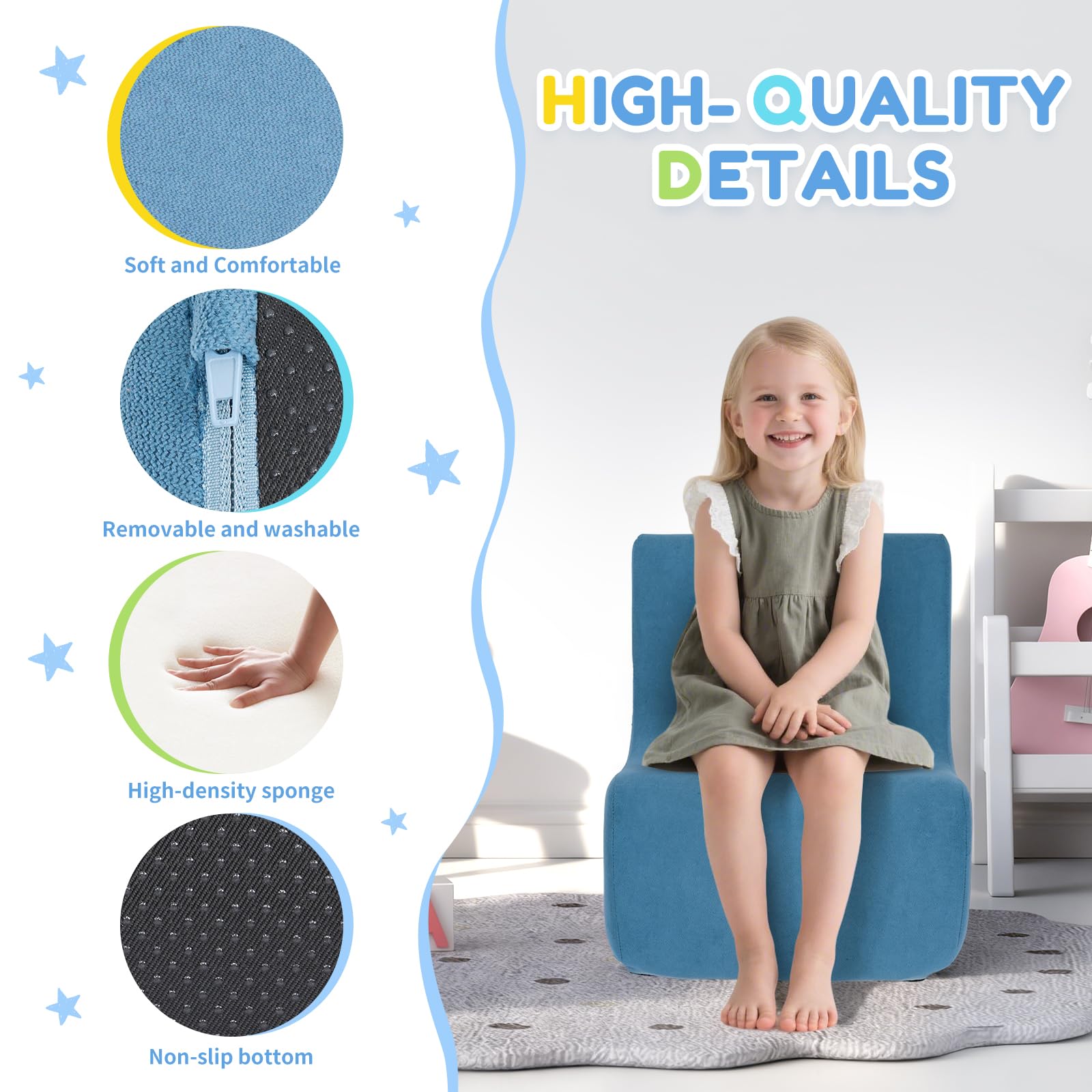 Toddler Chair, Comfy Kids Sofa Chair for Playroom, Supportive Toddler Couch for Boys and Girls with Washable Cover, Small Kids Furniture Sofa for Baby Gift (L-Shape-Blue)