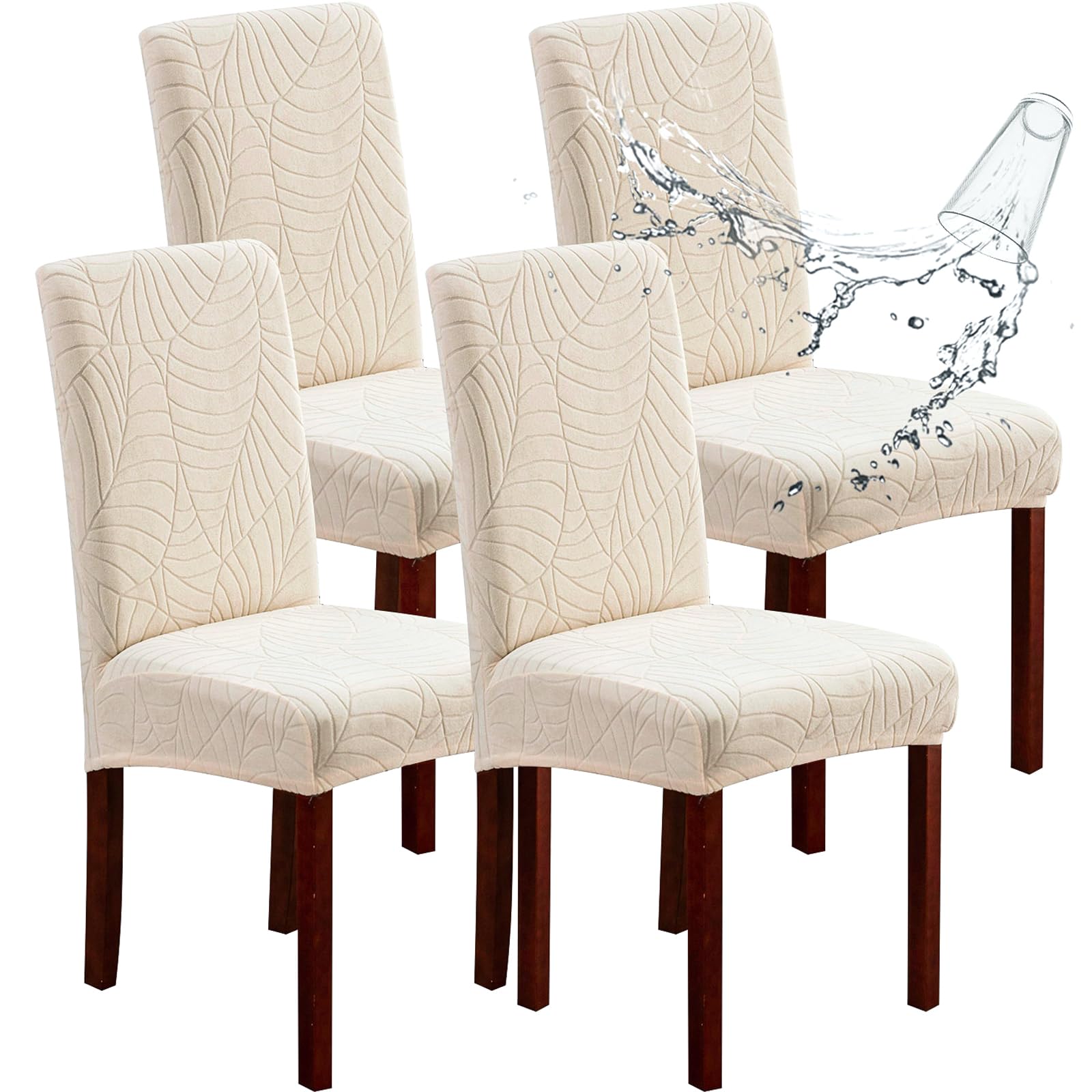 Genina 100% Waterproof Chair Covers for Dining Room Set of 4, Stretch Parson Chair Slipcovers for Kitchen Chairs, Washable Chair Protectors, Leaves-Warm Gray