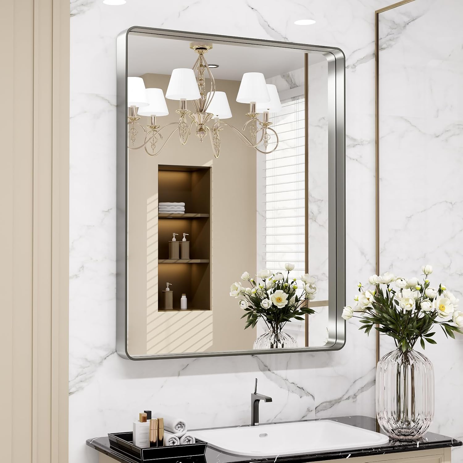 LOAAO Black Metal Framed Bathroom Mirror for Wall, 22X30 Inch Rounded Rectangle Mirror, Matte Black Bathroom Vanity Mirror Farmhouse, Anti-Rust, Hangs Horizontally or Vertically