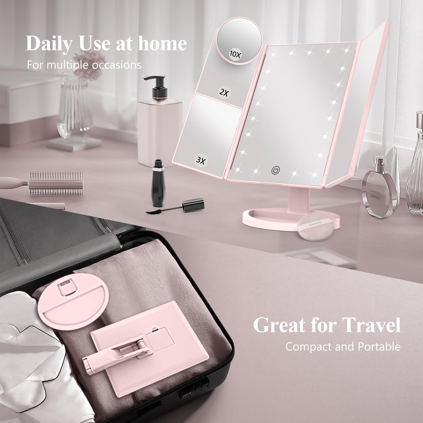 HUONUL Makeup Mirror, Vanity Mirror with Lights, 2X/3X/10X Magnification, Touch Control, Trifold, Dual Power Supply, Birthday Gifts for Women, Wife, Mom, Girls,Dorm Room Essentials