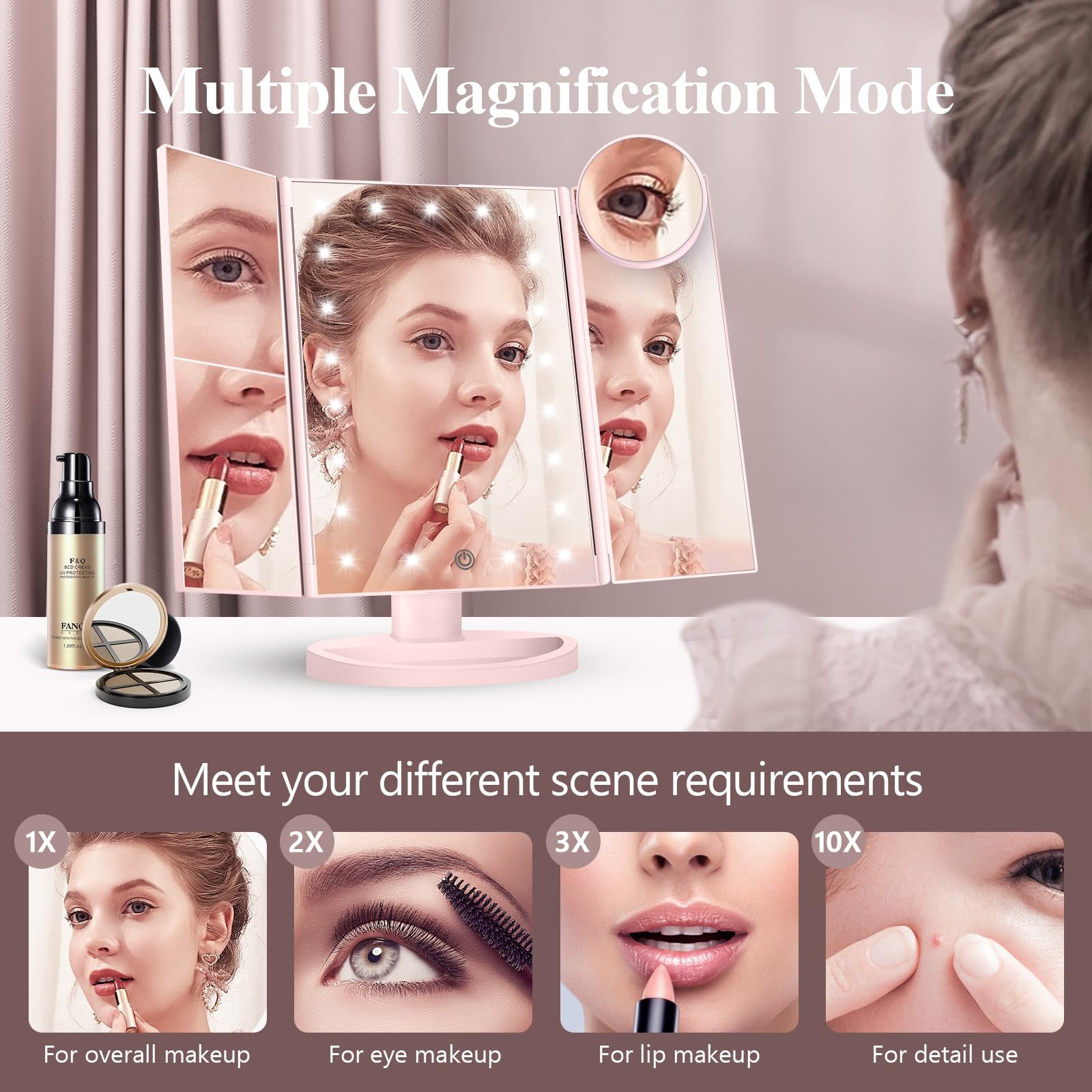 HUONUL Makeup Mirror, Vanity Mirror with Lights, 2X/3X/10X Magnification, Touch Control, Trifold, Dual Power Supply, Birthday Gifts for Women, Wife, Mom, Girls,Dorm Room Essentials