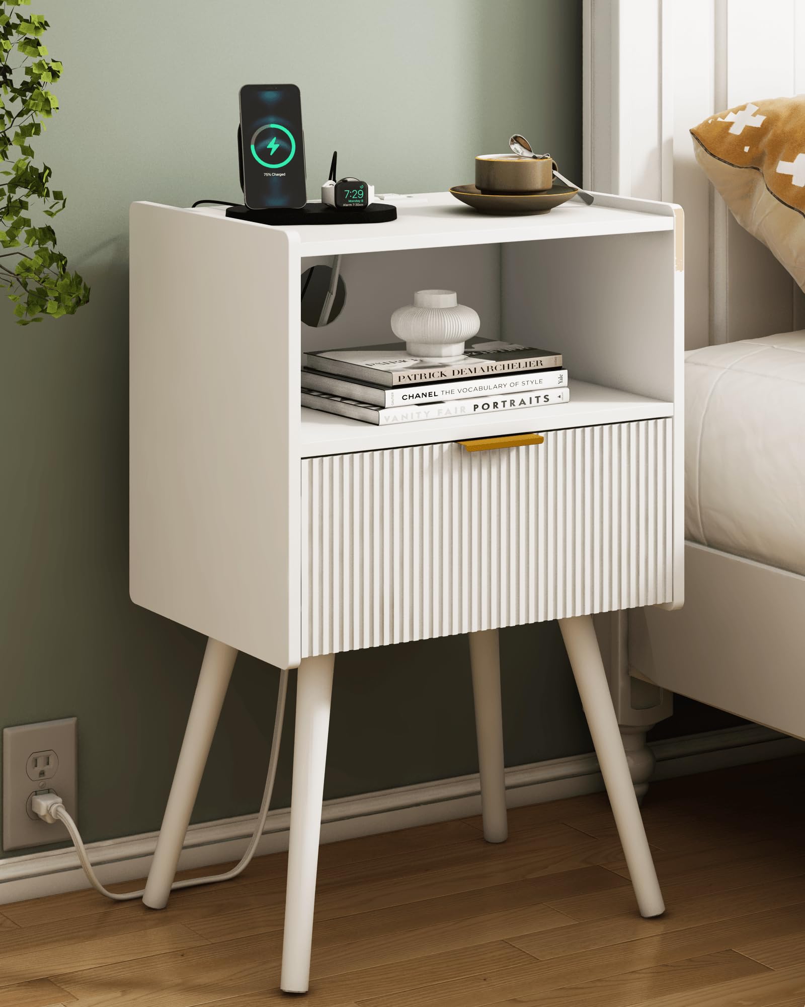 JOONEE Nightstand,Modern Bedside Table with Storage Drawer and Open Wood Shelf, for Living Room, Bedroom and Small Spaces, Accent Night Stand with Solid Wood Legs, Easy Assembly,Walnut Brown
