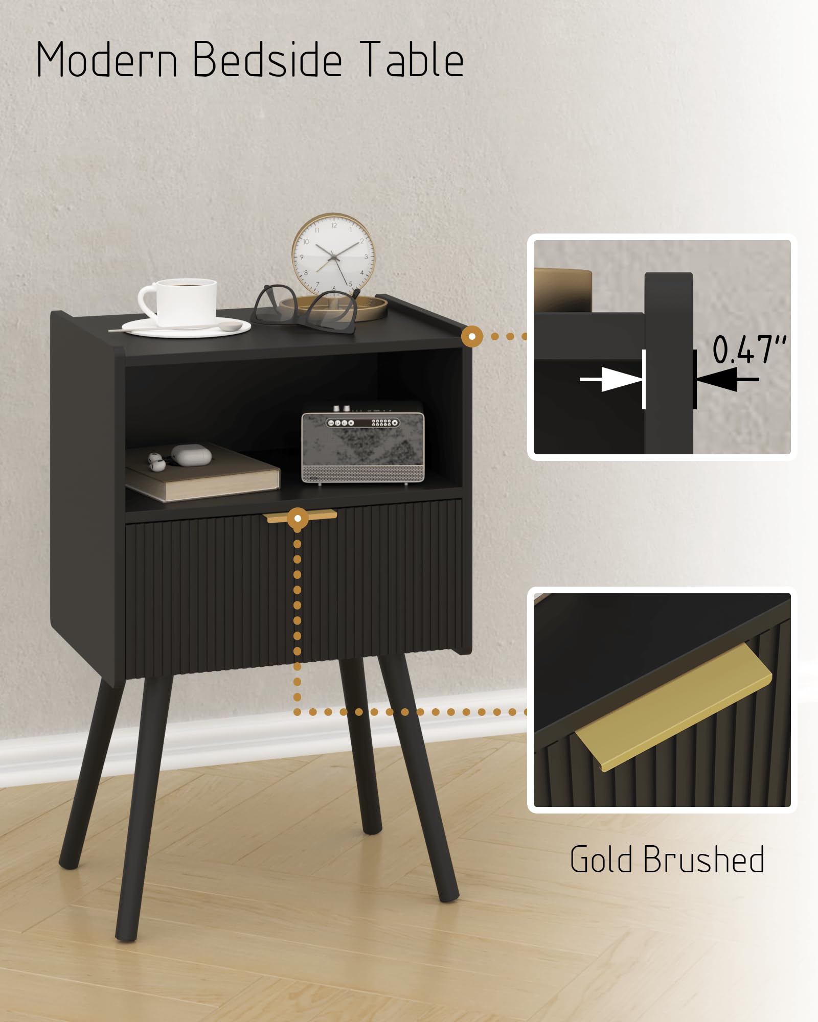 JOONEE Nightstand,Modern Bedside Table with Storage Drawer and Open Wood Shelf, for Living Room, Bedroom and Small Spaces, Accent Night Stand with Solid Wood Legs, Easy Assembly,Walnut Brown