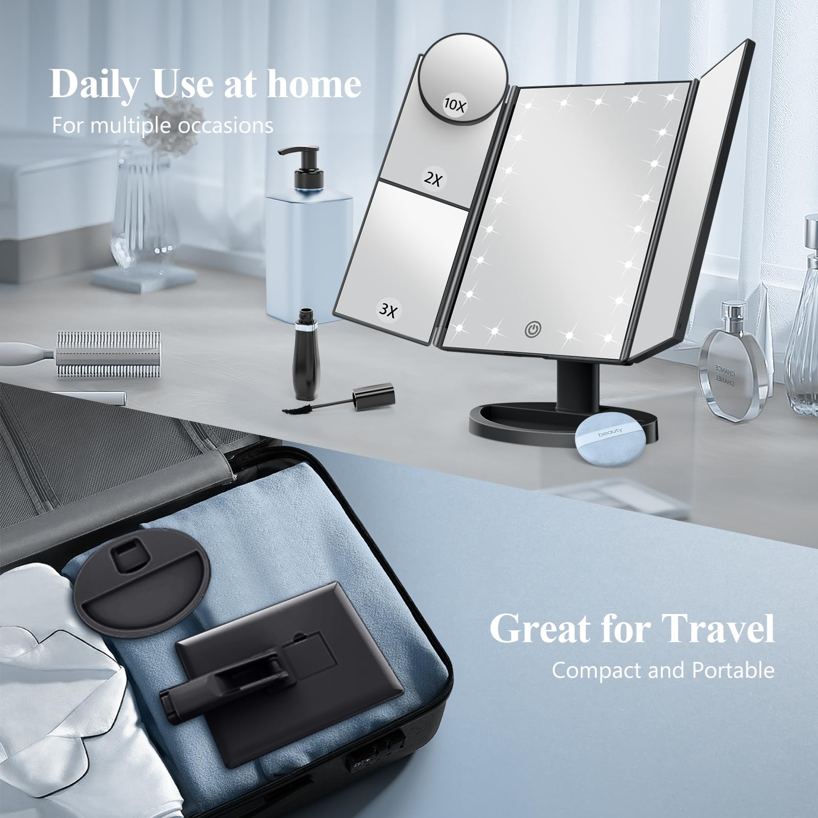 HUONUL Makeup Mirror, Vanity Mirror with Lights, 2X/3X/10X Magnification, Touch Control, Trifold, Dual Power Supply, Birthday Gifts for Women, Wife, Mom, Girls,Dorm Room Essentials