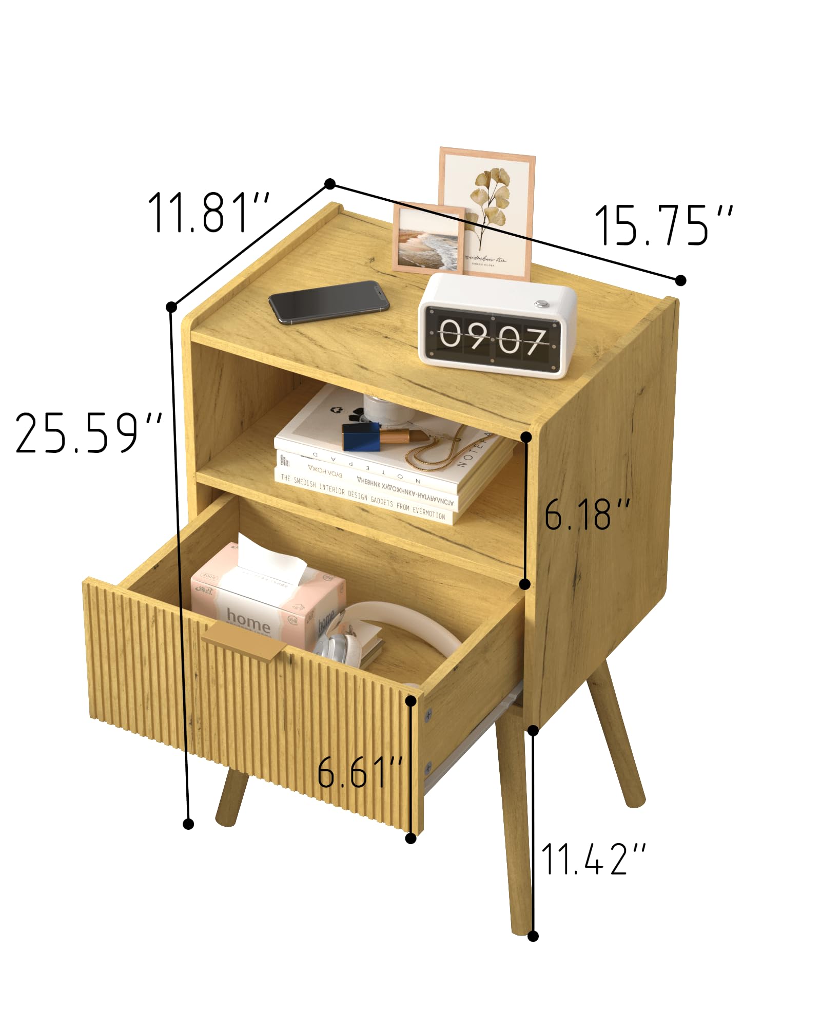 JOONEE Nightstand,Modern Bedside Table with Storage Drawer and Open Wood Shelf, for Living Room, Bedroom and Small Spaces, Accent Night Stand with Solid Wood Legs, Easy Assembly,Walnut Brown