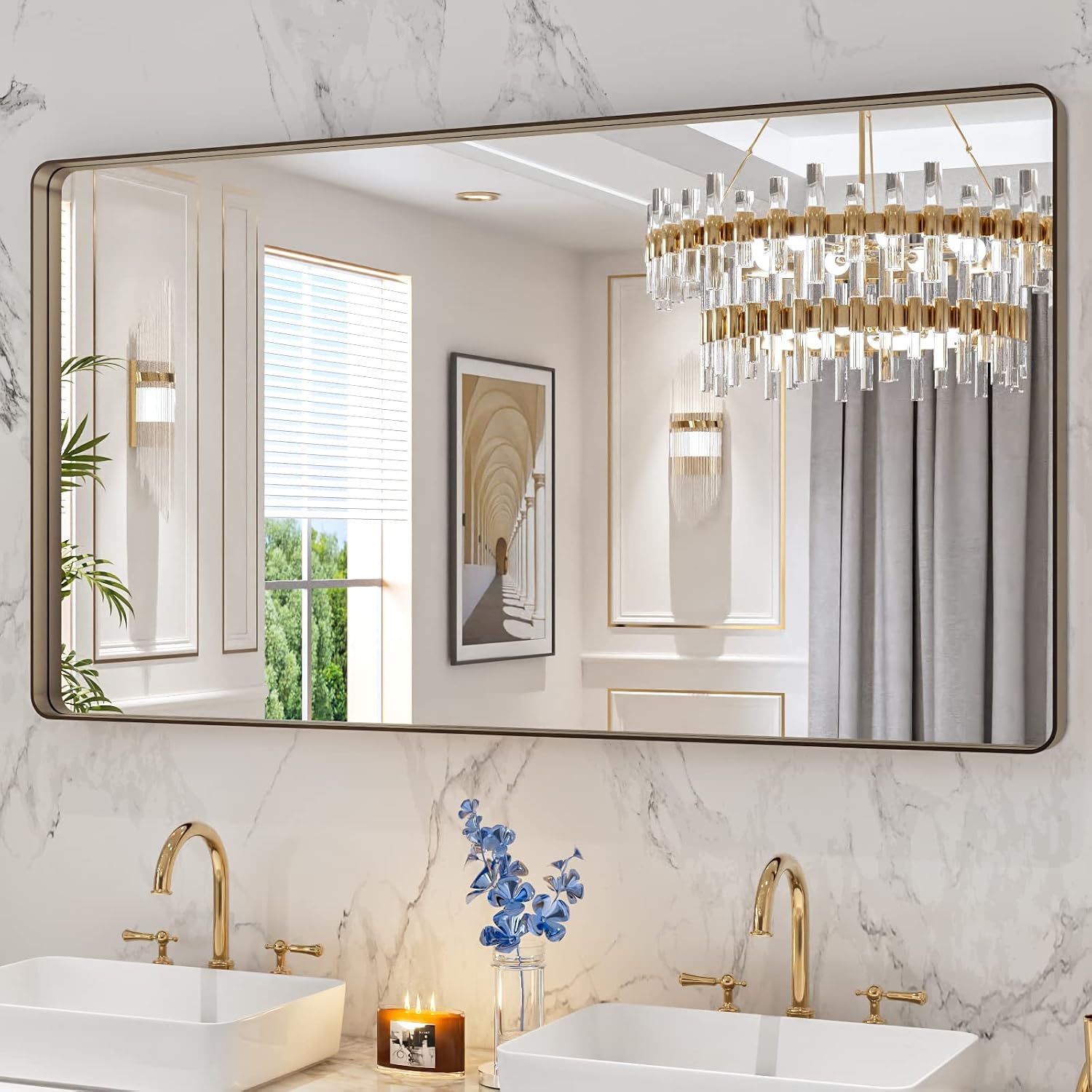 LOAAO Black Metal Framed Bathroom Mirror for Wall, 22X30 Inch Rounded Rectangle Mirror, Matte Black Bathroom Vanity Mirror Farmhouse, Anti-Rust, Hangs Horizontally or Vertically