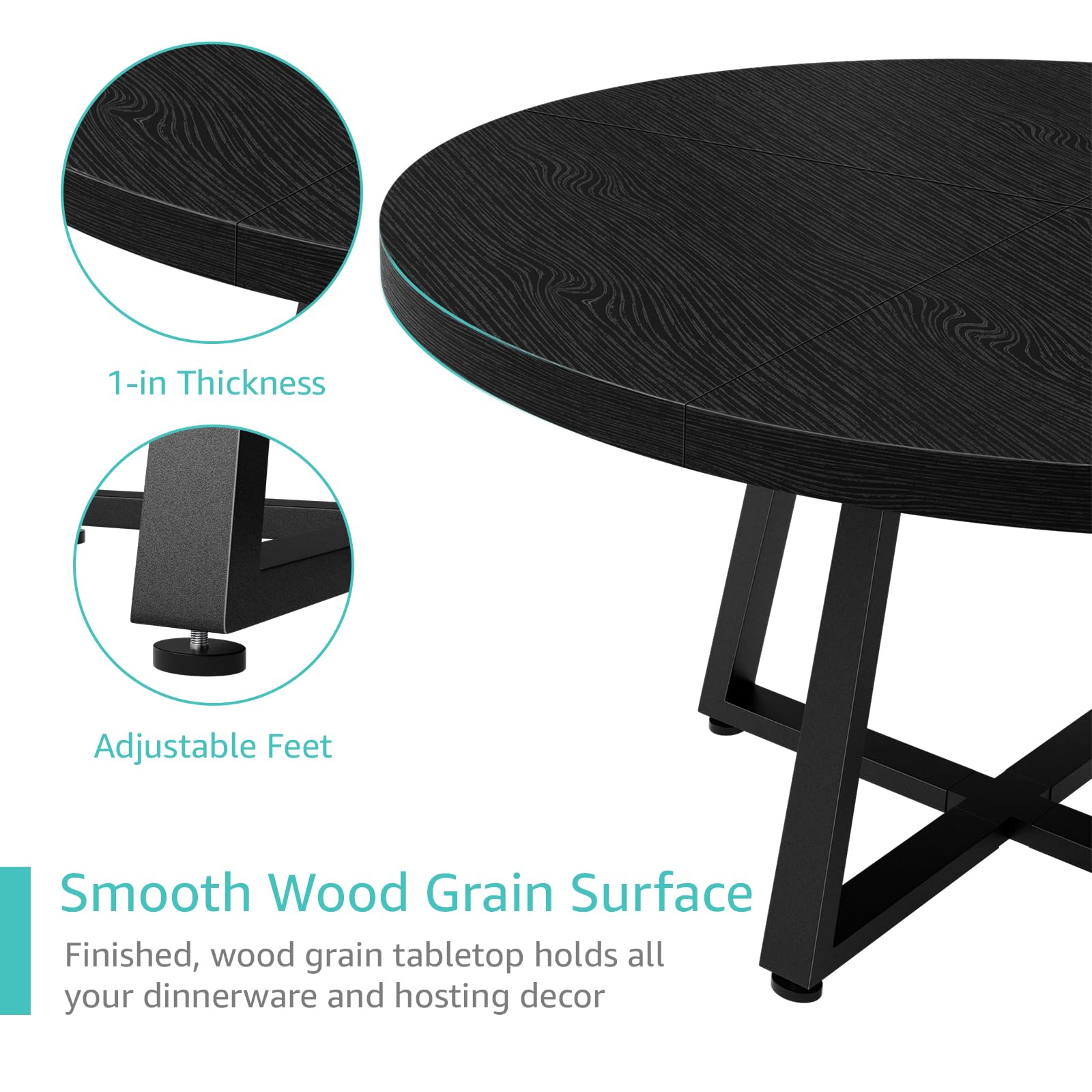 NUTIKAS 42 Inch Round Dining Table for 4, Modern Black Wood Grain Kitchen Table with Cross Metal Legs, Circular Industrial Dinner Table for Small Spaces, Breakfast Nook, Apartment, Office