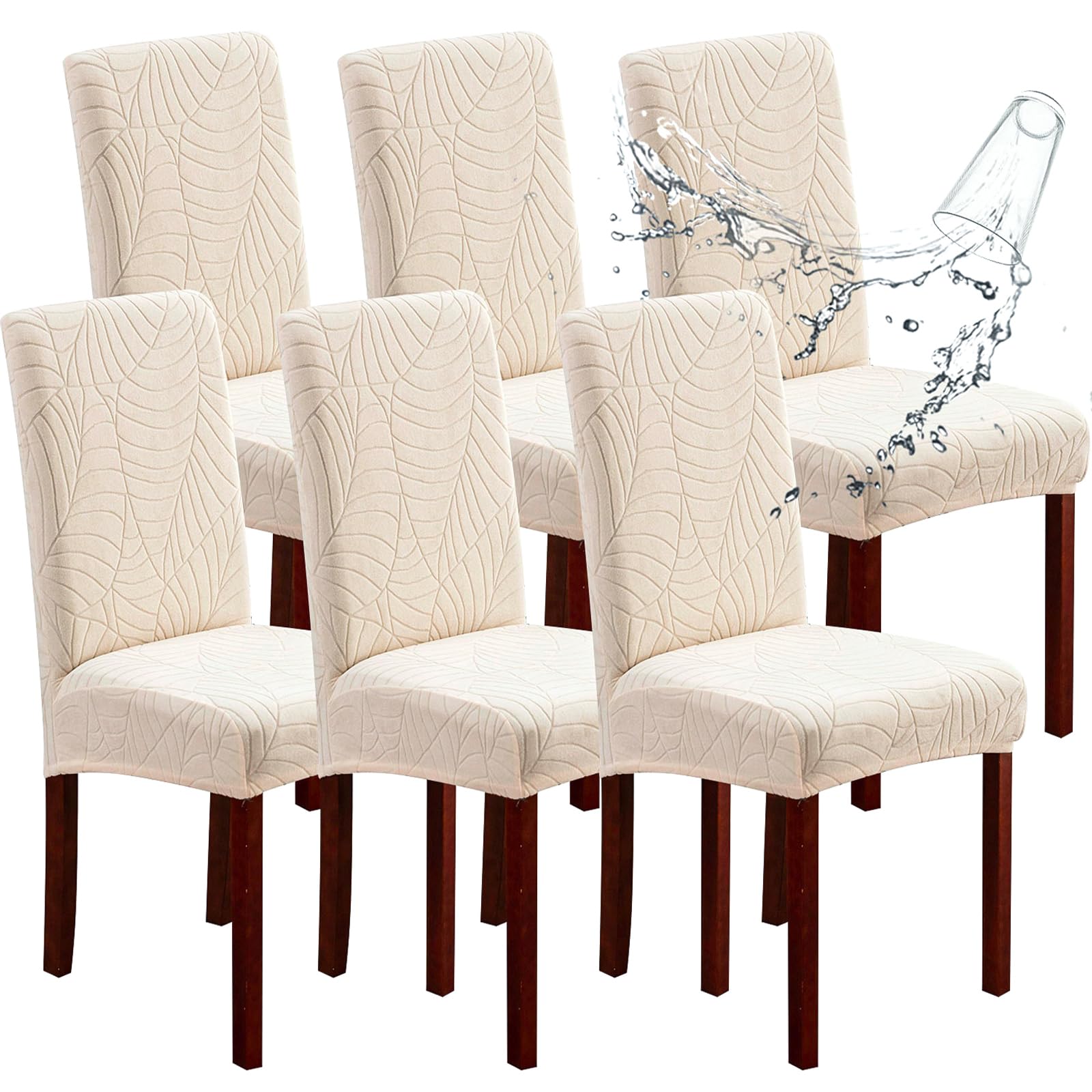 Genina 100% Waterproof Chair Covers for Dining Room Set of 4, Stretch Parson Chair Slipcovers for Kitchen Chairs, Washable Chair Protectors, Leaves-Warm Gray