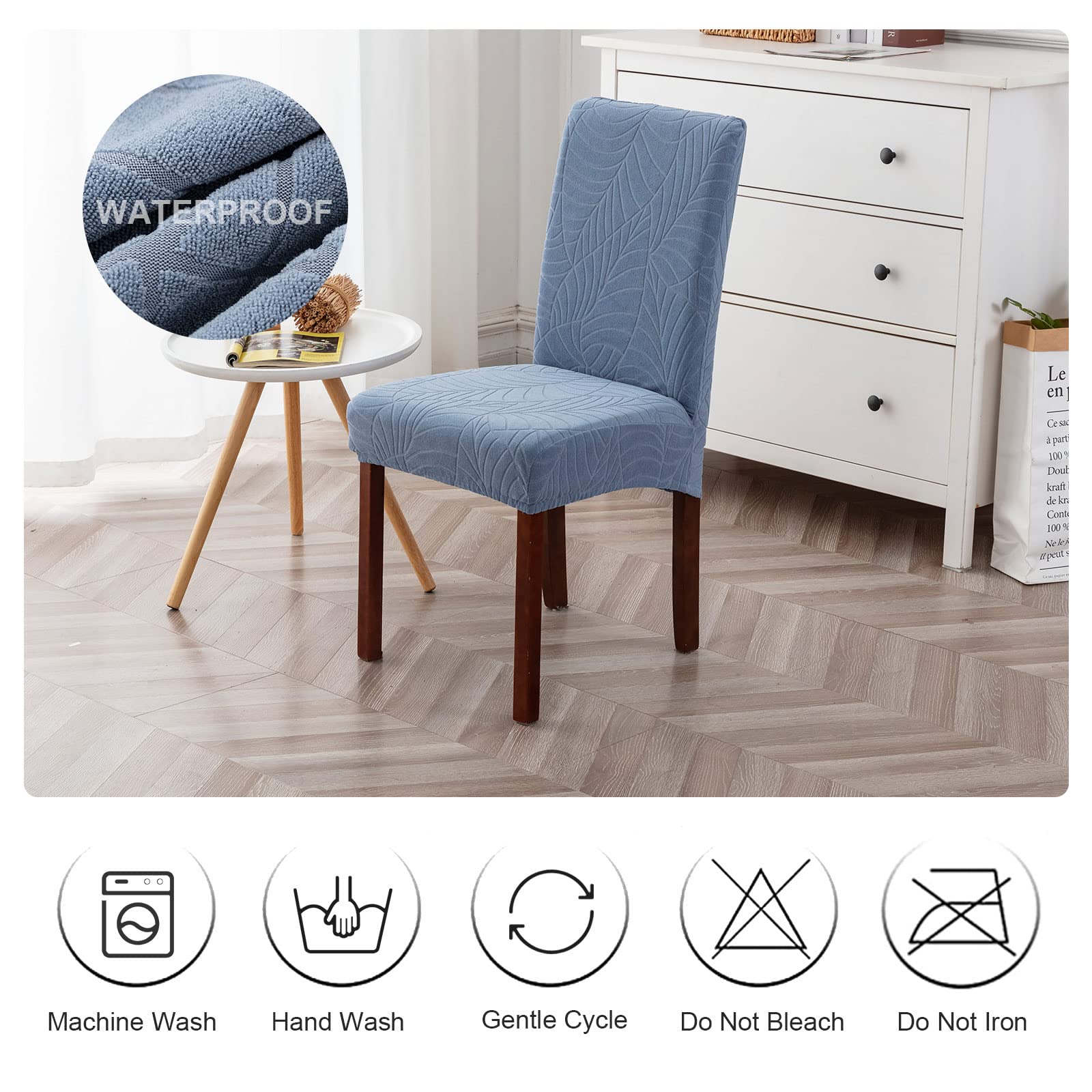 Genina 100% Waterproof Chair Covers for Dining Room Set of 4, Stretch Parson Chair Slipcovers for Kitchen Chairs, Washable Chair Protectors, Leaves-Warm Gray