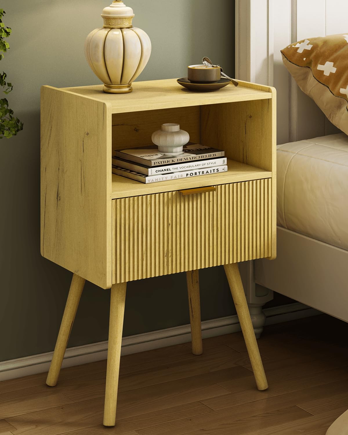 JOONEE Nightstand,Modern Bedside Table with Storage Drawer and Open Wood Shelf, for Living Room, Bedroom and Small Spaces, Accent Night Stand with Solid Wood Legs, Easy Assembly,Walnut Brown