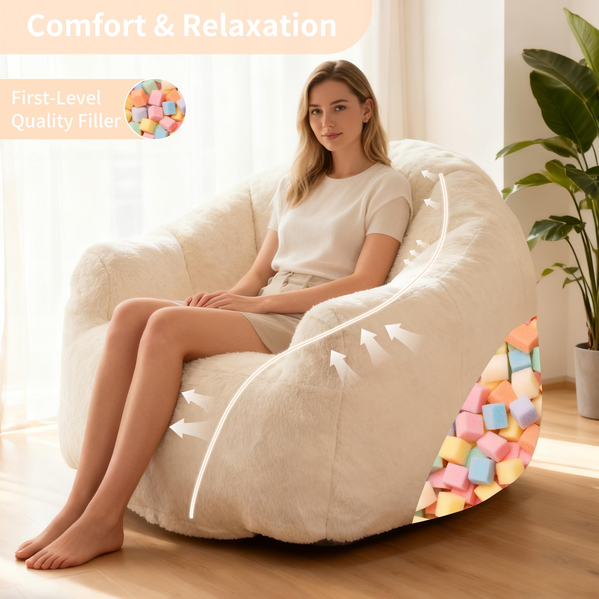 Bean Bag Chair, Giant Beanbag Chiars for Adults, Faux Fur Shell-Shaped Floor Sofa with Filler, Comfy Chair for Reading, Gaming and Relax (Grey)