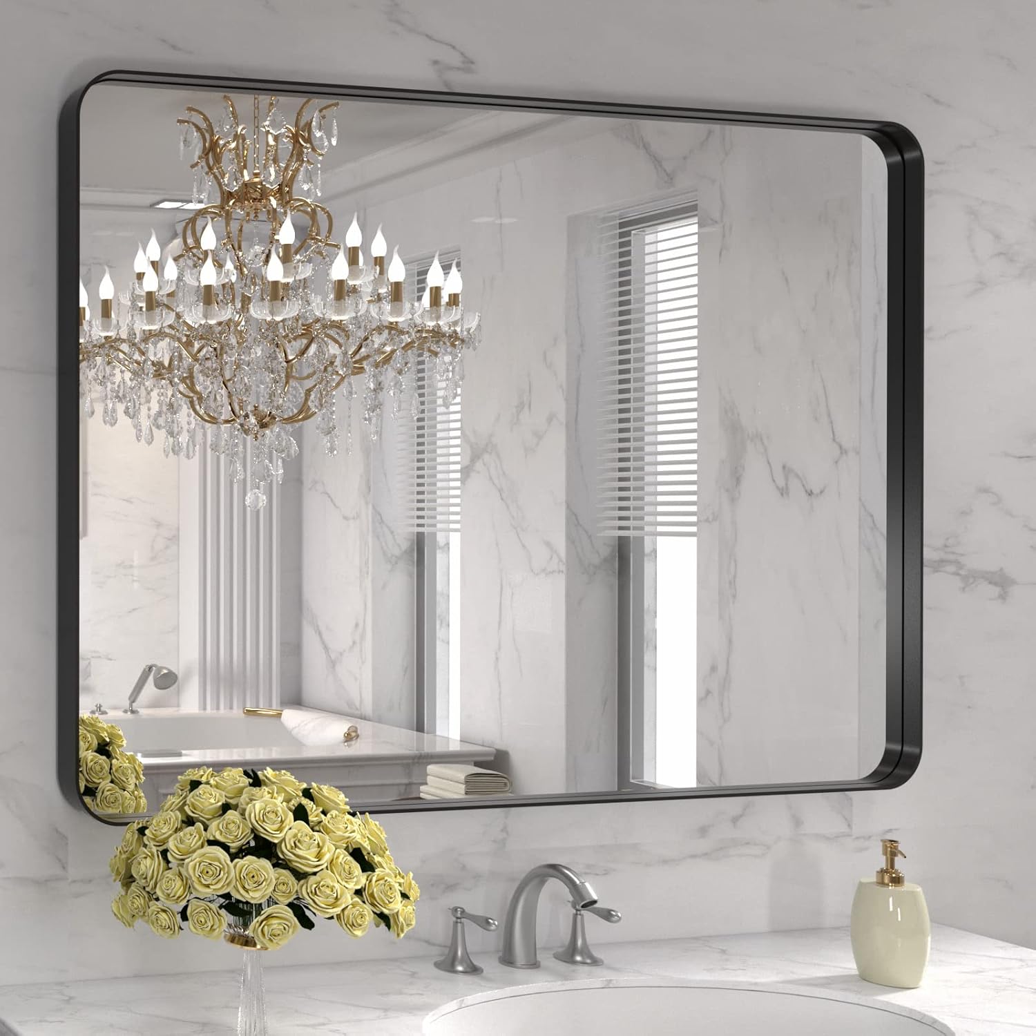 LOAAO Black Metal Framed Bathroom Mirror for Wall, 22X30 Inch Rounded Rectangle Mirror, Matte Black Bathroom Vanity Mirror Farmhouse, Anti-Rust, Hangs Horizontally or Vertically