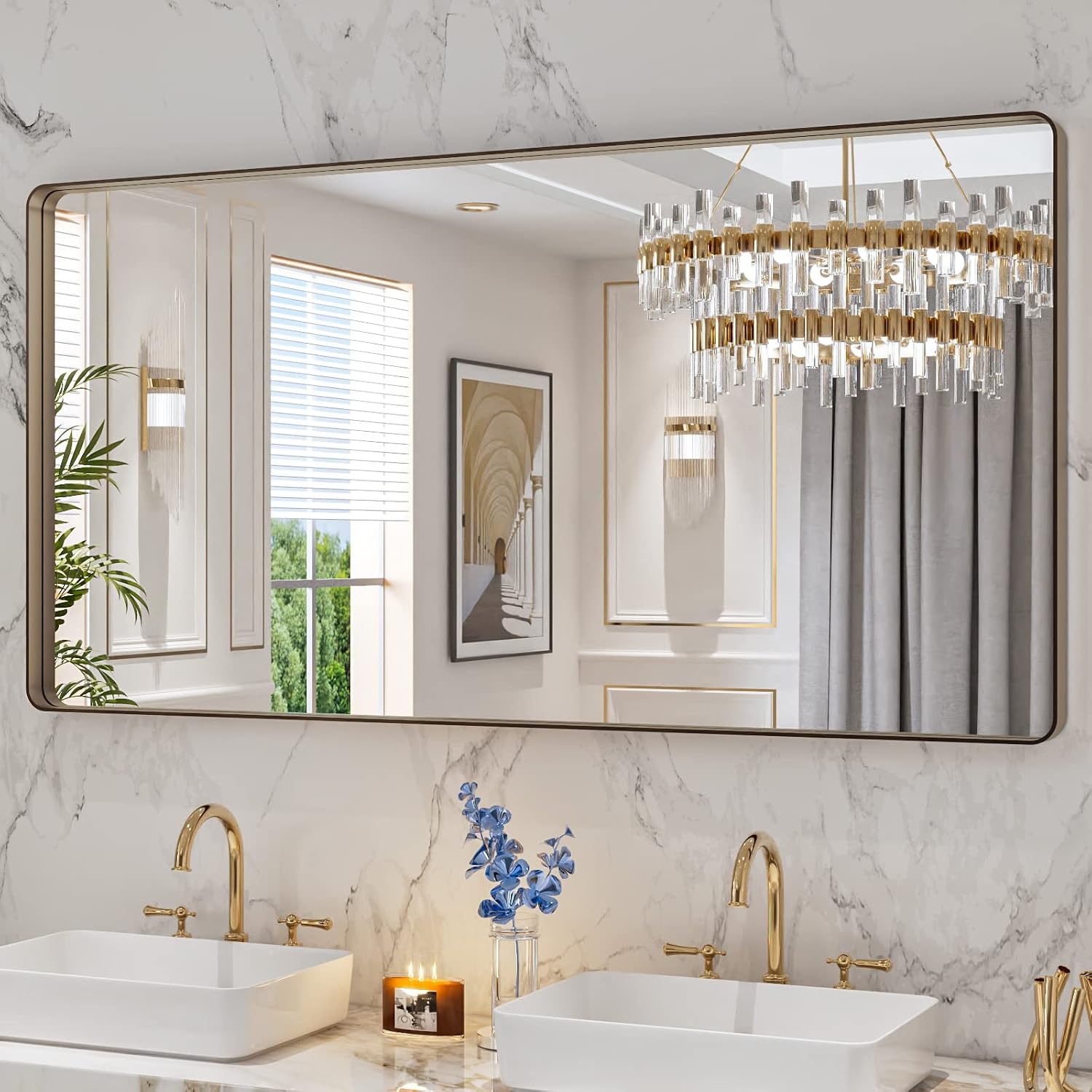LOAAO Black Metal Framed Bathroom Mirror for Wall, 22X30 Inch Rounded Rectangle Mirror, Matte Black Bathroom Vanity Mirror Farmhouse, Anti-Rust, Hangs Horizontally or Vertically