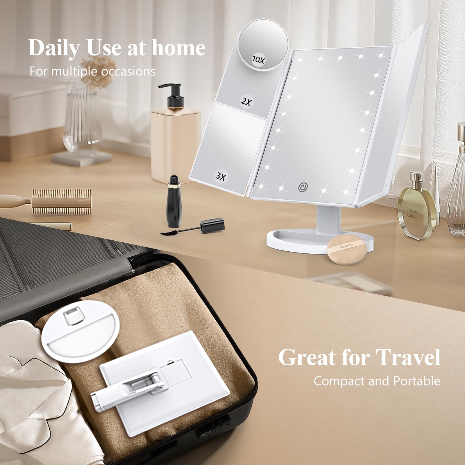 HUONUL Makeup Mirror, Vanity Mirror with Lights, 2X/3X/10X Magnification, Touch Control, Trifold, Dual Power Supply, Birthday Gifts for Women, Wife, Mom, Girls,Dorm Room Essentials