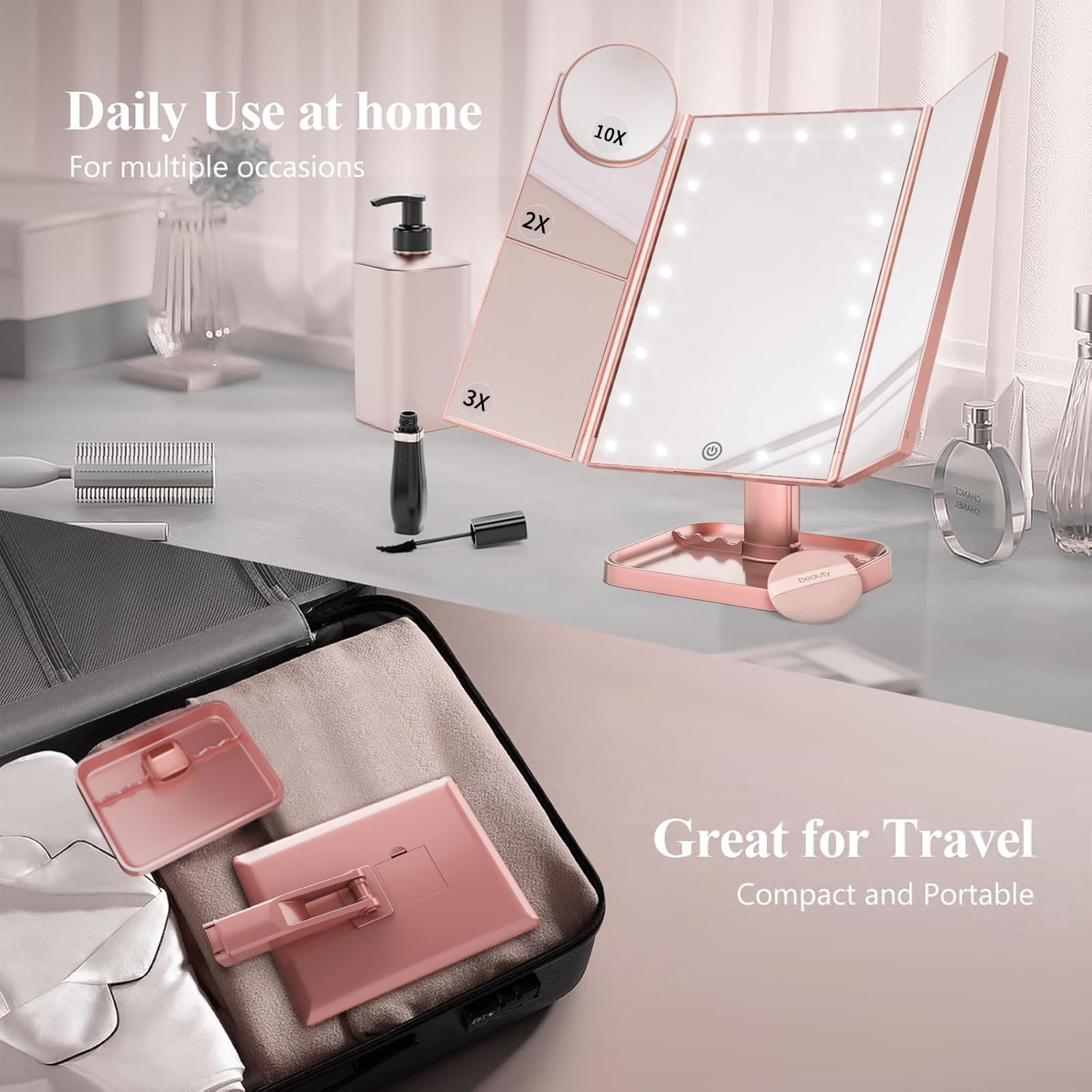 HUONUL Makeup Mirror, Vanity Mirror with Lights, 2X/3X/10X Magnification, Touch Control, Trifold, Dual Power Supply, Birthday Gifts for Women, Wife, Mom, Girls,Dorm Room Essentials