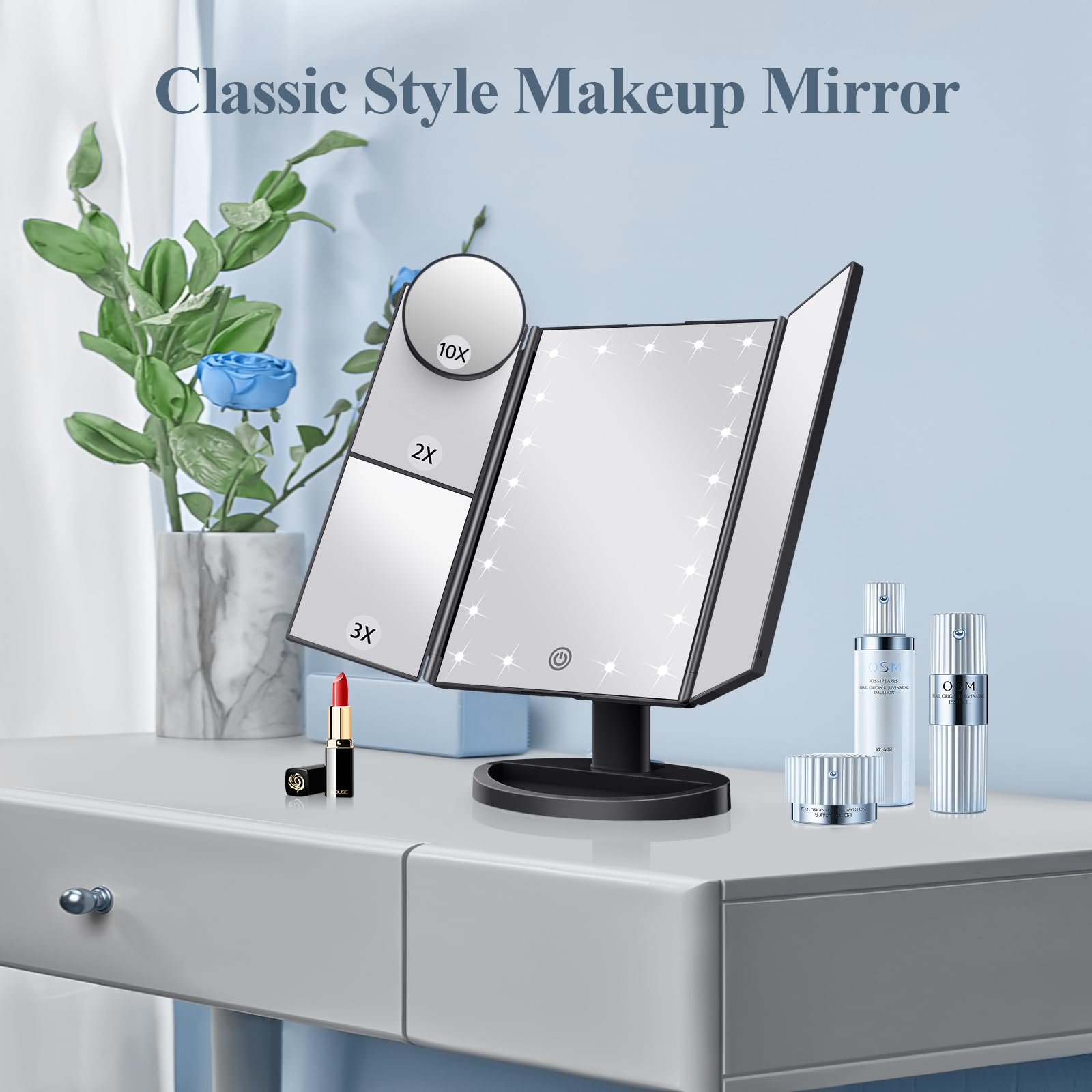 HUONUL Makeup Mirror, Vanity Mirror with Lights, 2X/3X/10X Magnification, Touch Control, Trifold, Dual Power Supply, Birthday Gifts for Women, Wife, Mom, Girls,Dorm Room Essentials