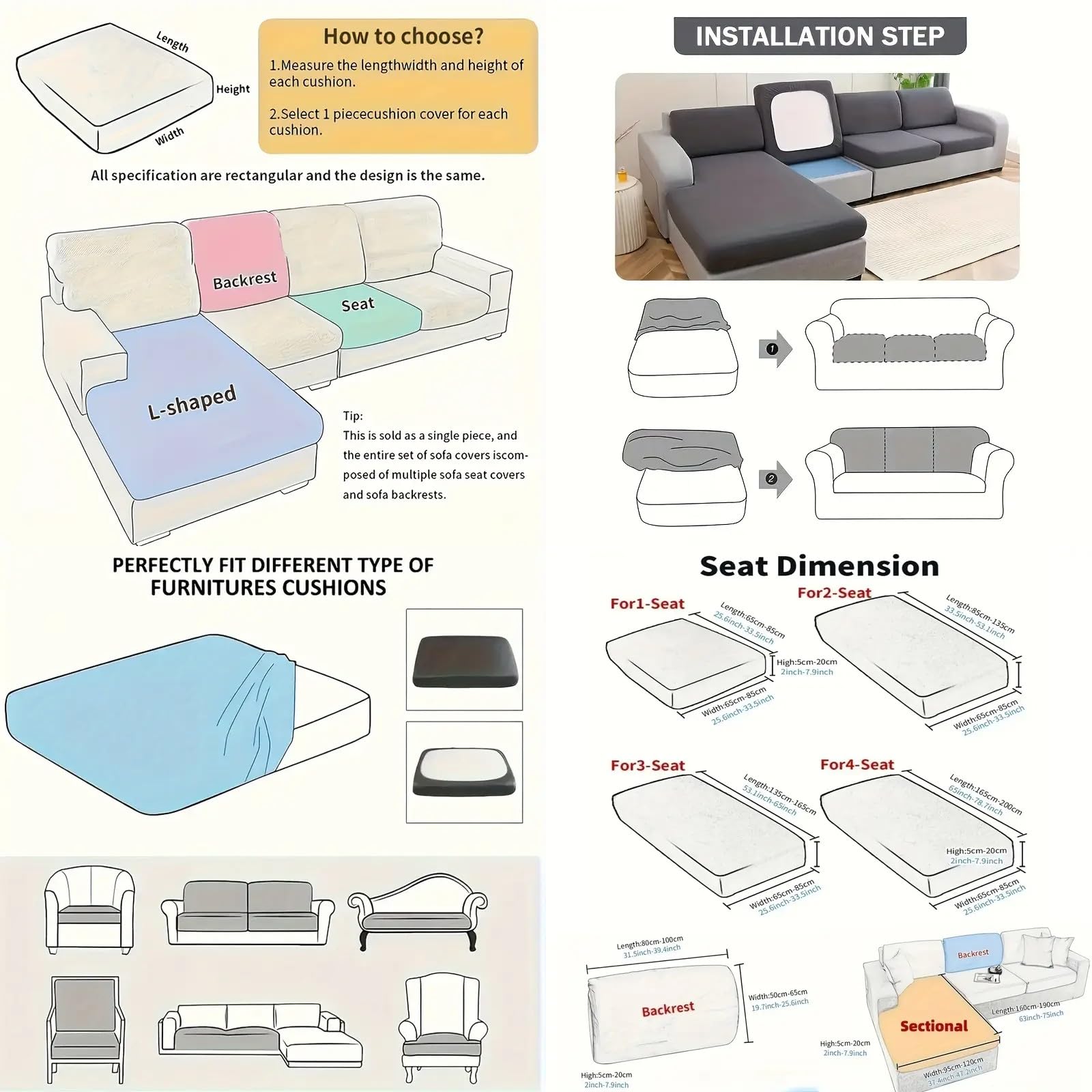 Sectional Couch Covers, Bohemian Universal Fashion Sofa Slipcovers, Wear-Resistant, Washable Stretch Replacement Furniture Covers for Pets (Small Backrest or Armchair,Gray)
