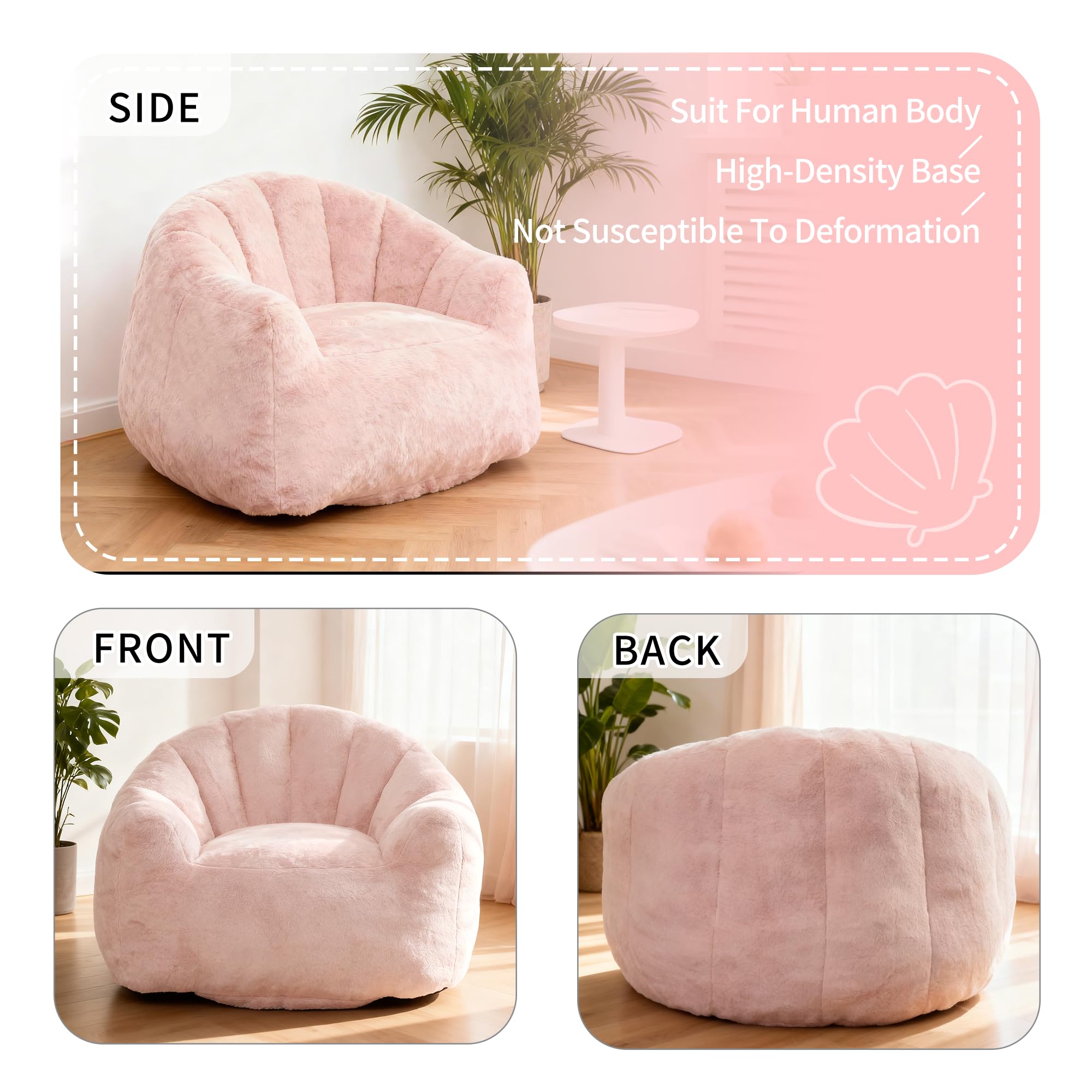Bean Bag Chair, Giant Beanbag Chiars for Adults, Faux Fur Shell-Shaped Floor Sofa with Filler, Comfy Chair for Reading, Gaming and Relax (Grey)