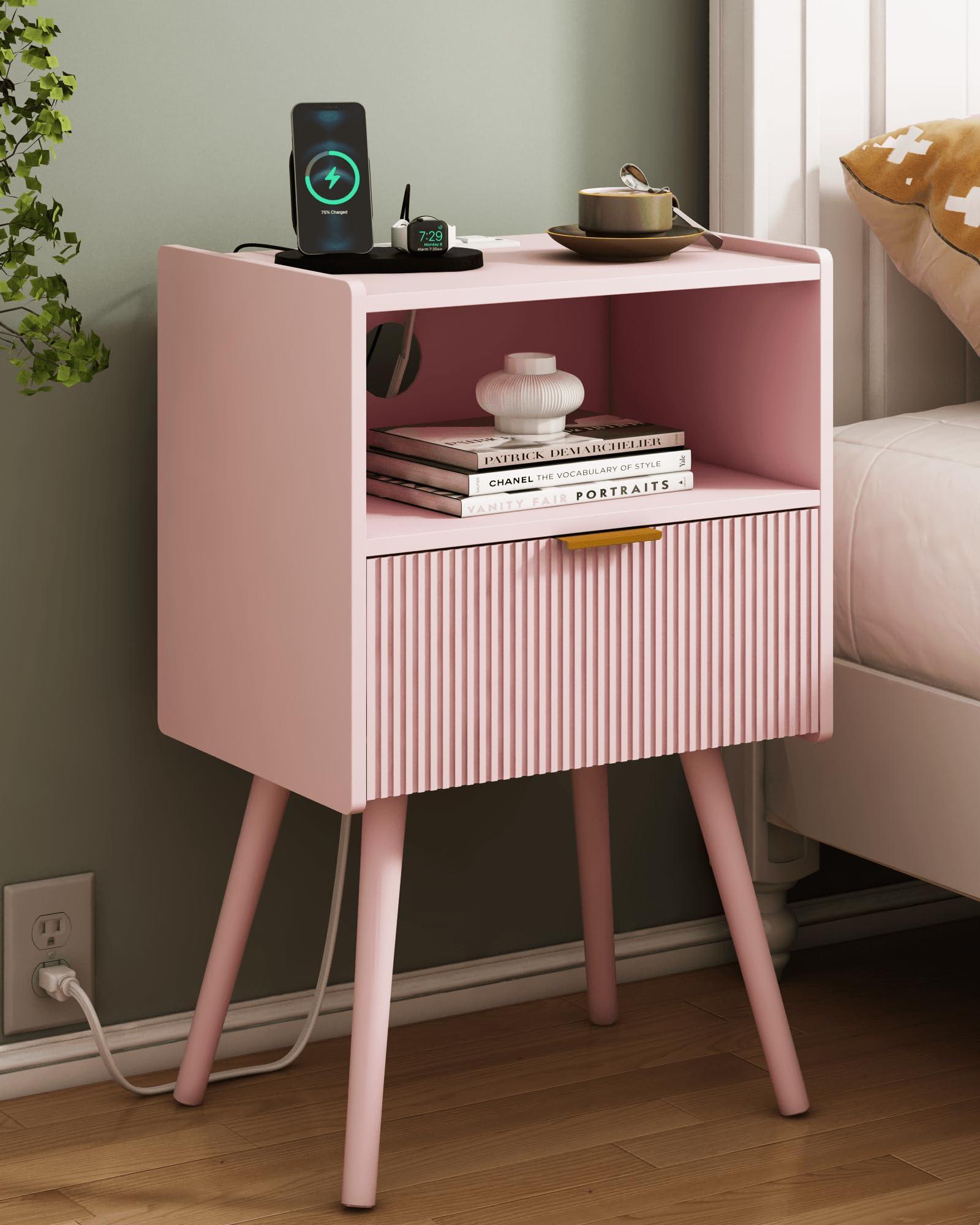 JOONEE Nightstand,Modern Bedside Table with Storage Drawer and Open Wood Shelf, for Living Room, Bedroom and Small Spaces, Accent Night Stand with Solid Wood Legs, Easy Assembly,Walnut Brown