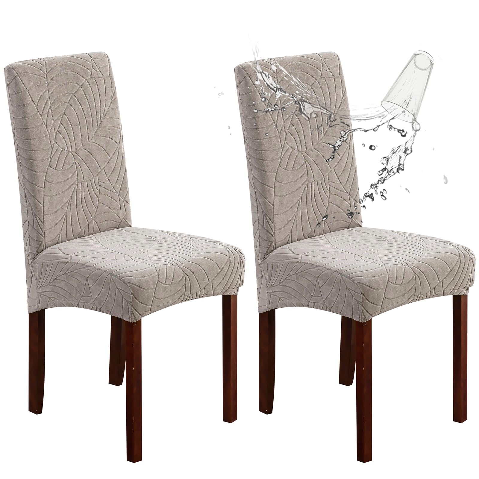 Genina 100% Waterproof Chair Covers for Dining Room Set of 4, Stretch Parson Chair Slipcovers for Kitchen Chairs, Washable Chair Protectors, Leaves-Warm Gray