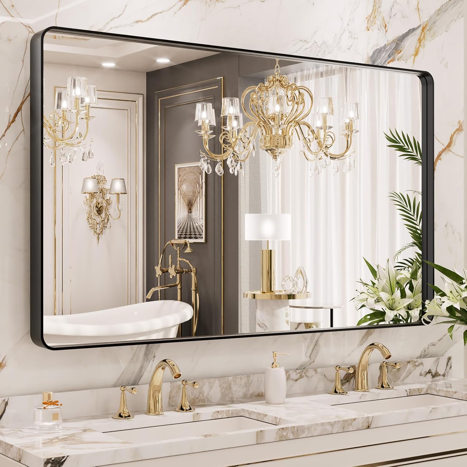 LOAAO Black Metal Framed Bathroom Mirror for Wall, 22X30 Inch Rounded Rectangle Mirror, Matte Black Bathroom Vanity Mirror Farmhouse, Anti-Rust, Hangs Horizontally or Vertically