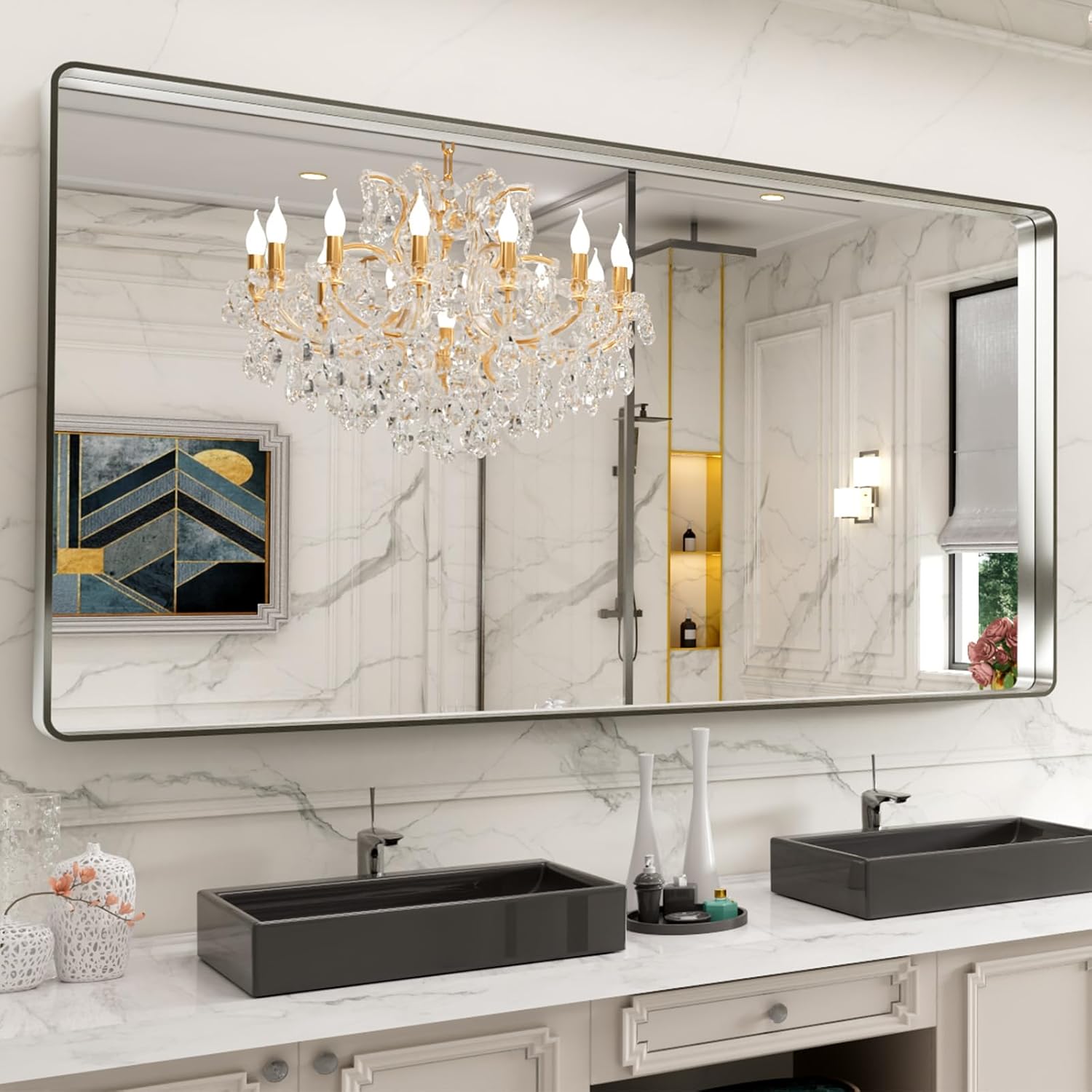 LOAAO Black Metal Framed Bathroom Mirror for Wall, 22X30 Inch Rounded Rectangle Mirror, Matte Black Bathroom Vanity Mirror Farmhouse, Anti-Rust, Hangs Horizontally or Vertically