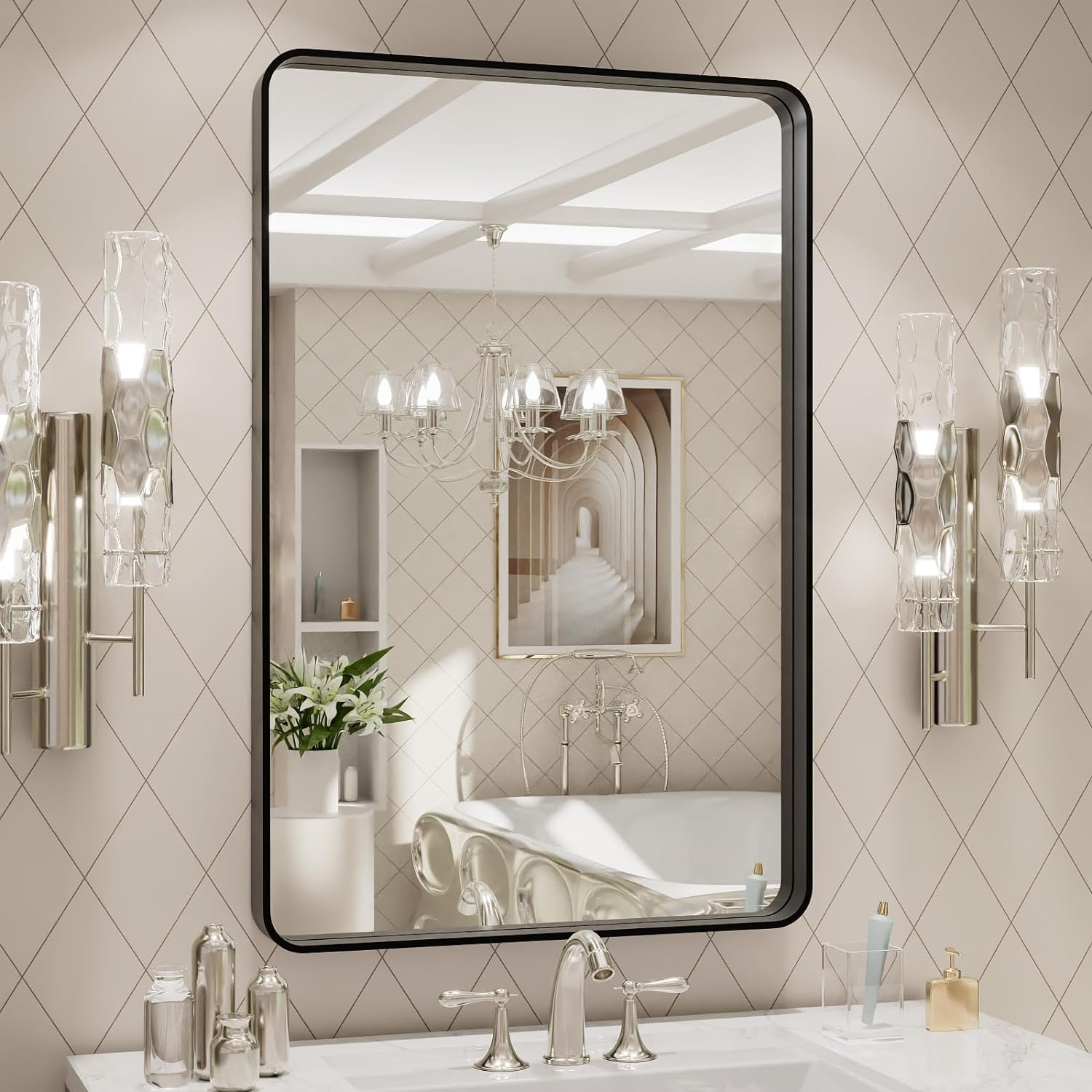 LOAAO Black Metal Framed Bathroom Mirror for Wall, 22X30 Inch Rounded Rectangle Mirror, Matte Black Bathroom Vanity Mirror Farmhouse, Anti-Rust, Hangs Horizontally or Vertically