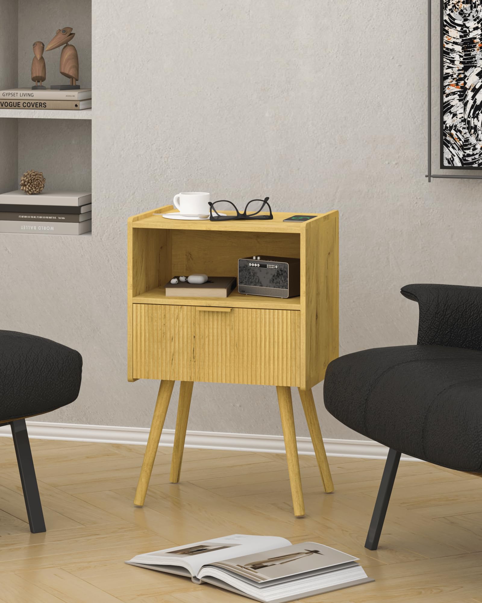 JOONEE Nightstand,Modern Bedside Table with Storage Drawer and Open Wood Shelf, for Living Room, Bedroom and Small Spaces, Accent Night Stand with Solid Wood Legs, Easy Assembly,Walnut Brown