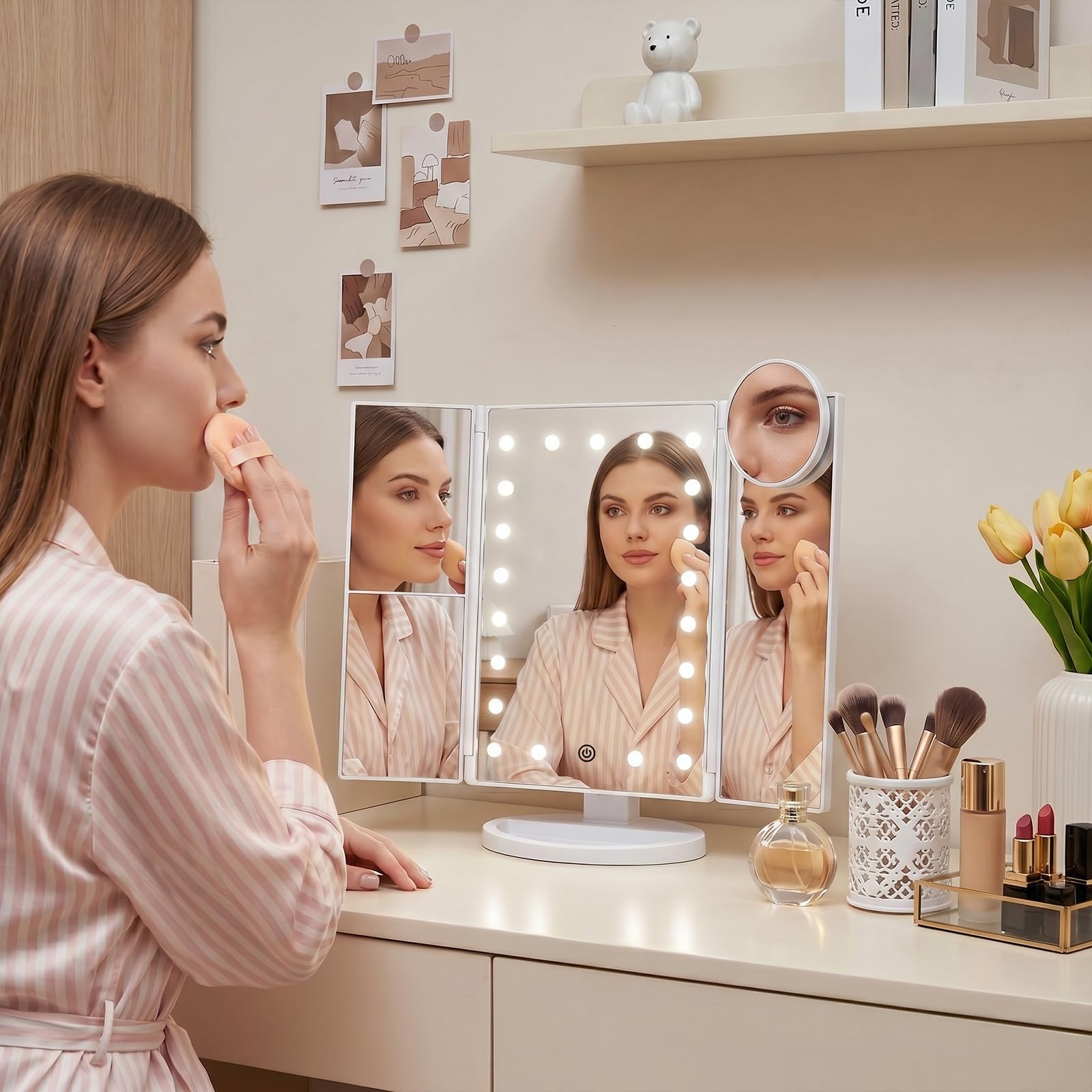HUONUL Makeup Mirror, Vanity Mirror with Lights, 2X/3X/10X Magnification, Touch Control, Trifold, Dual Power Supply, Birthday Gifts for Women, Wife, Mom, Girls,Dorm Room Essentials